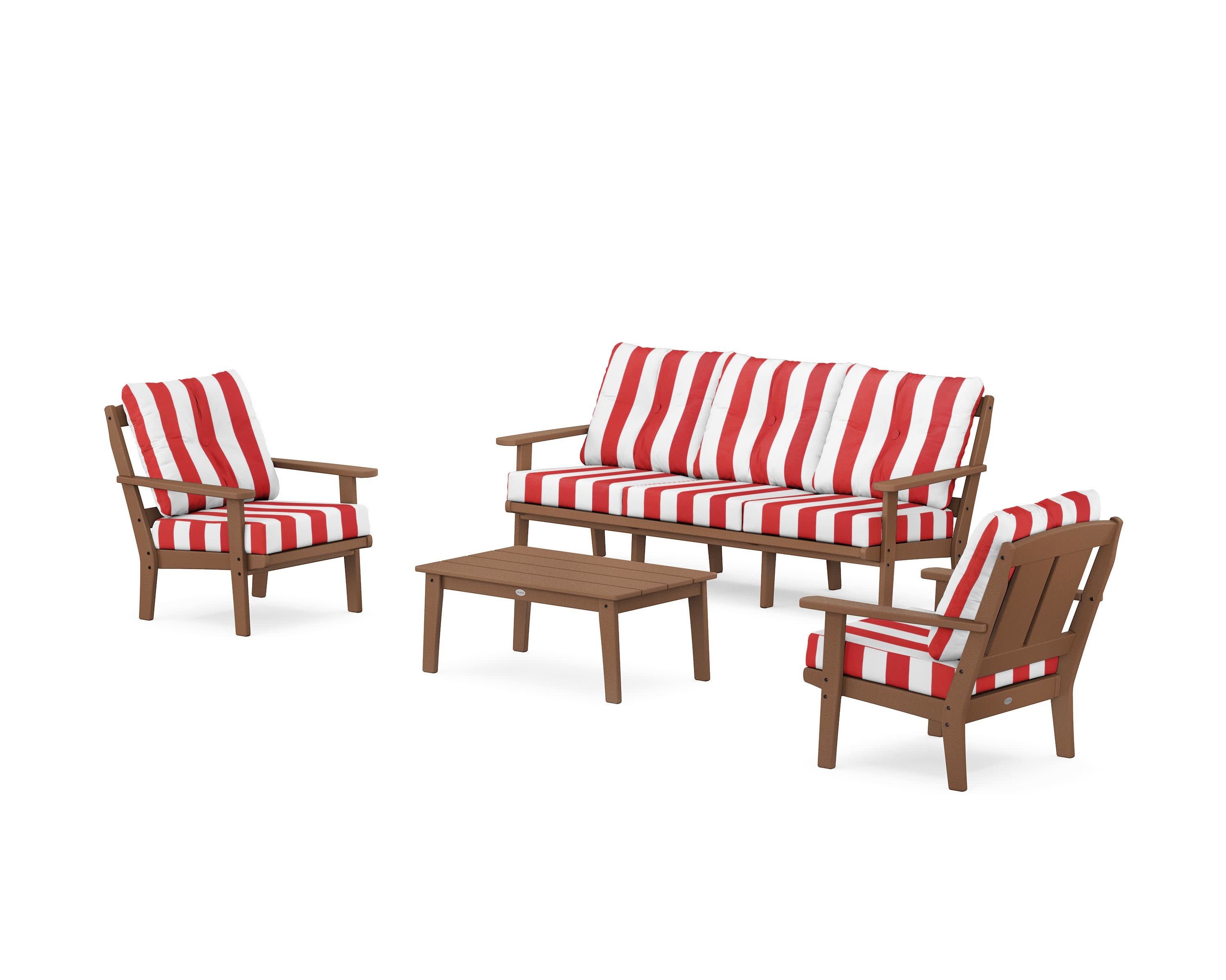 Mission 4-Piece Deep Seating Set with Sofa in Teak / Cabana Stripe Crimson