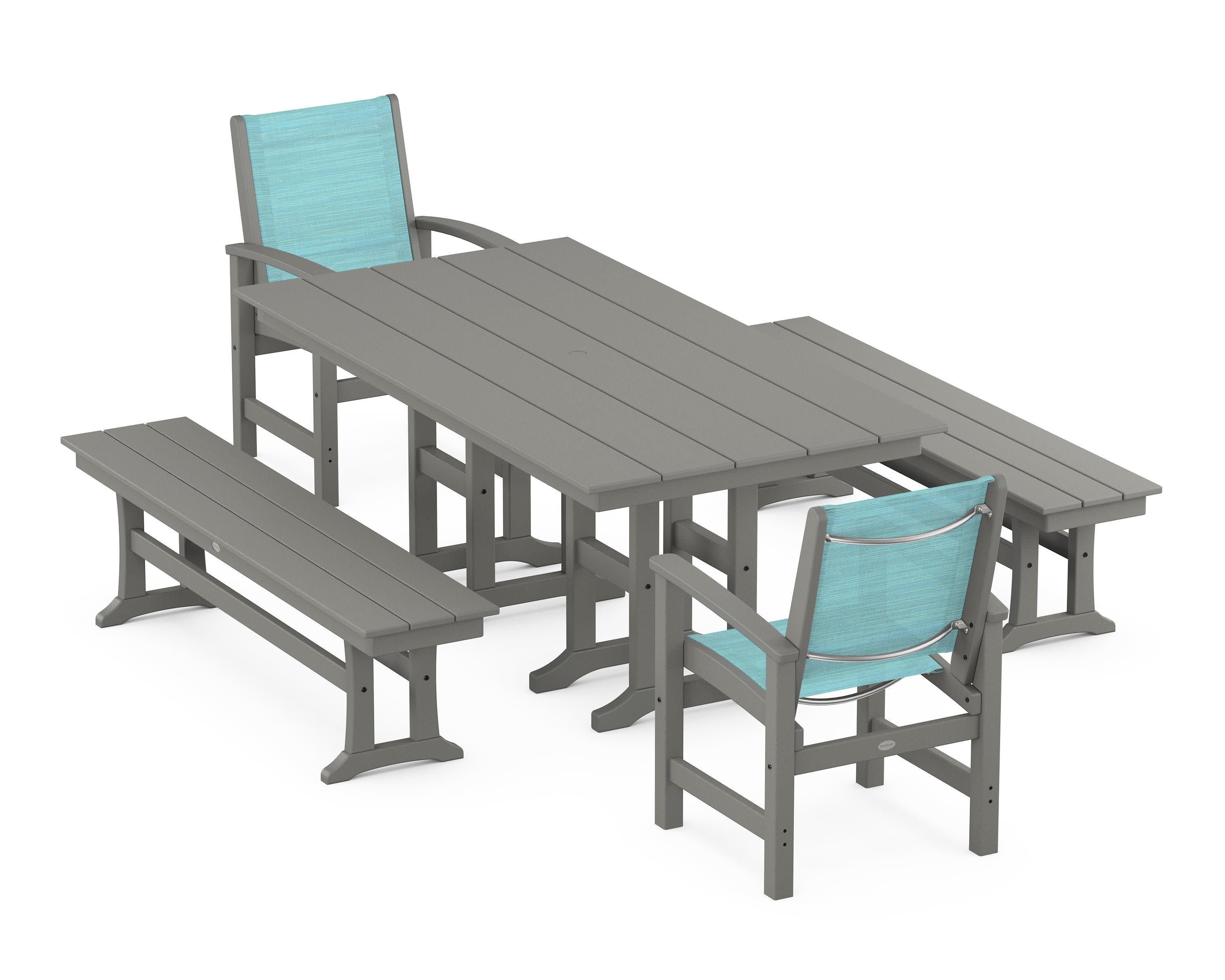Coastal 5-Piece Farmhouse Dining Set in Slate Grey / Dupioni Aquamarine Sling