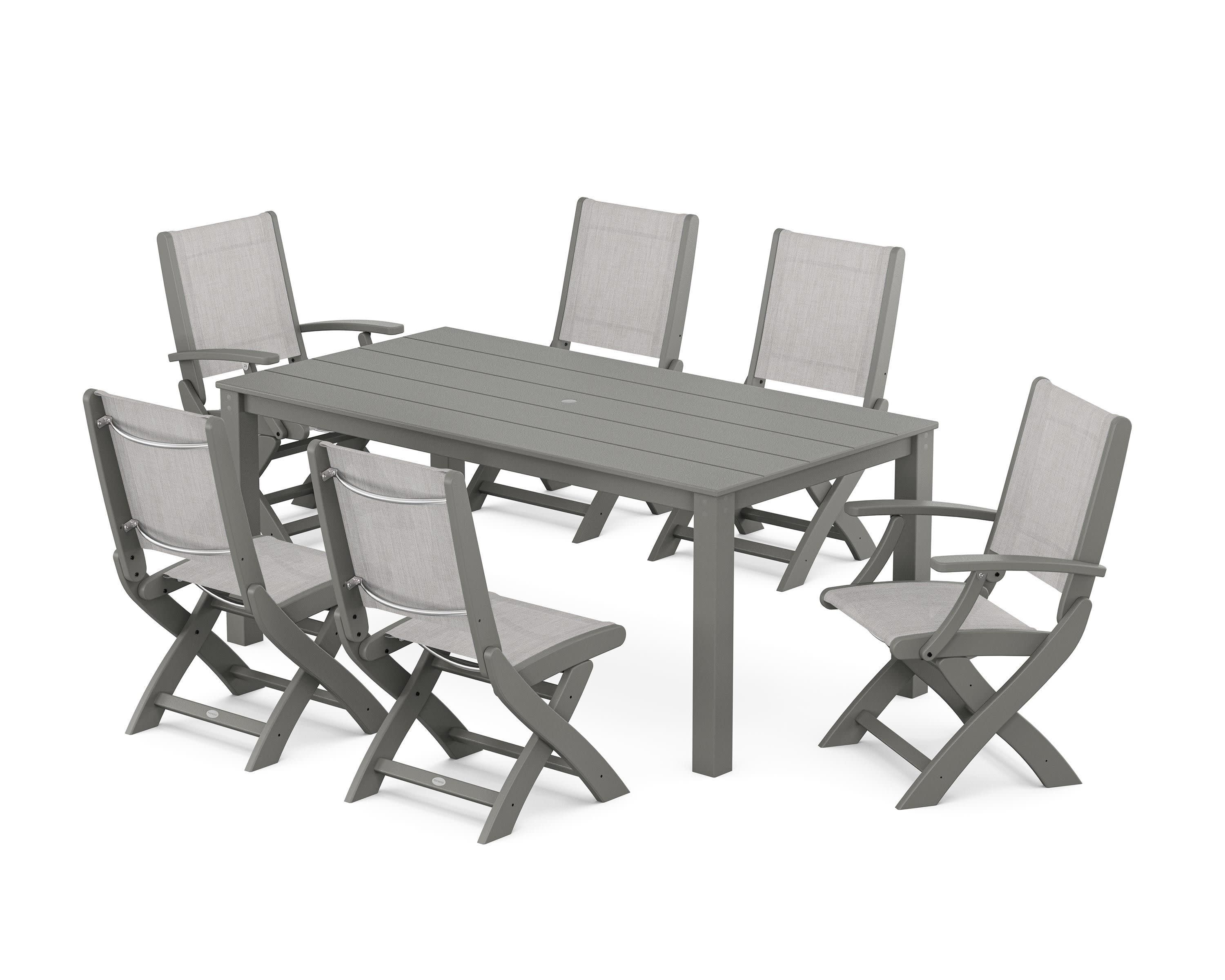 Coastal Folding Chair 7-Piece Parsons Dining Set in Sand / Dupioni Apricot Sling