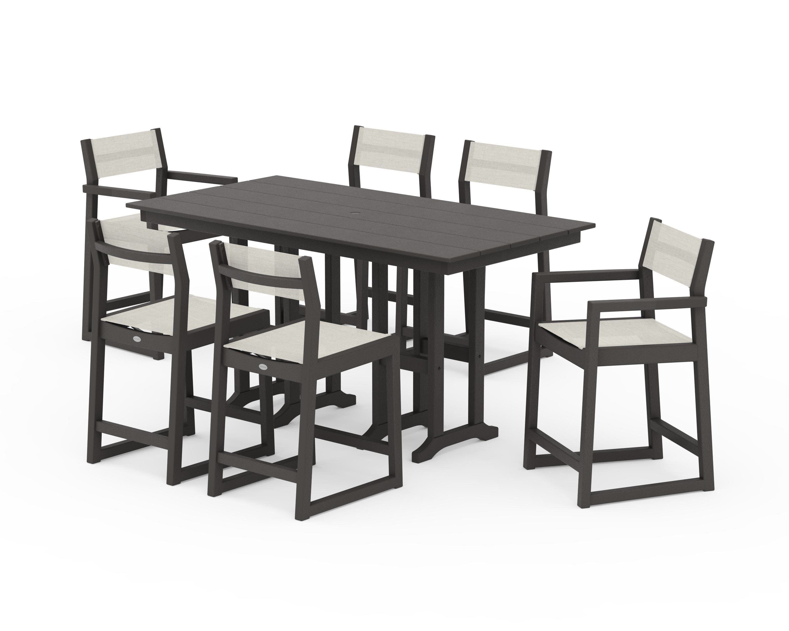 EDGE Sling 7-Piece Farmhouse Counter Set with Trestle Legs in Vintage Coffee / Parchment Sling