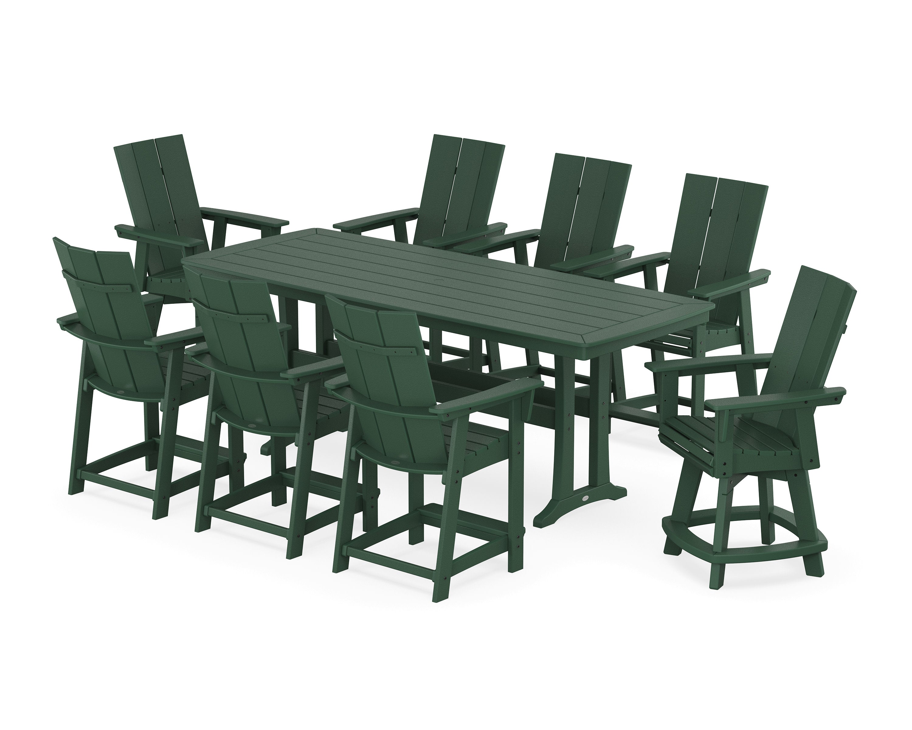 Modern Curveback Adirondack Swivel 9-Piece Counter Set with Trestle Legs in Green