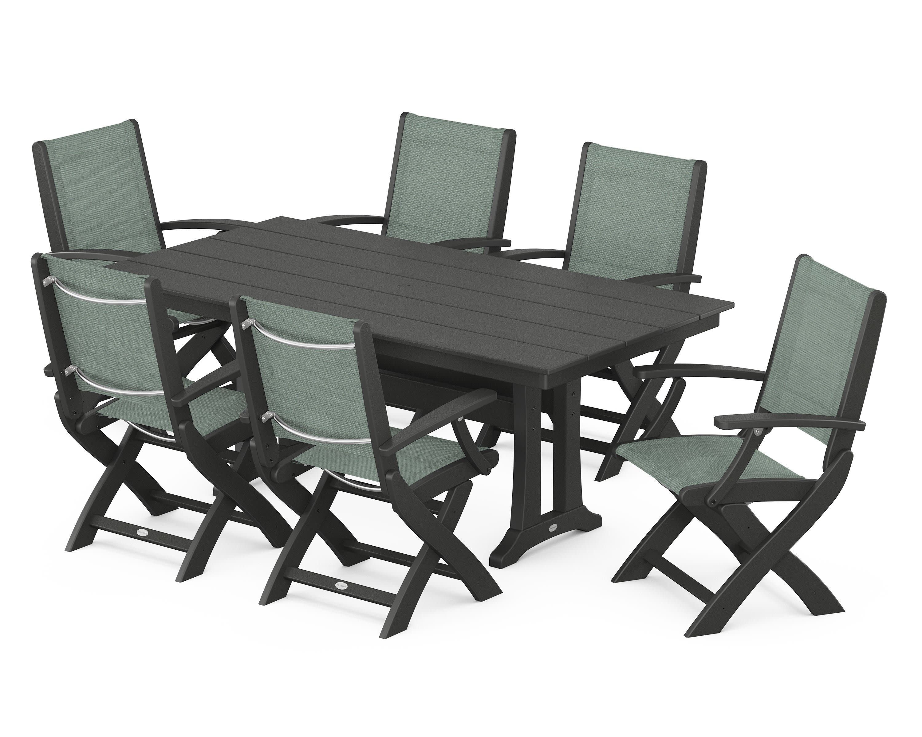 Coastal Folding Arm Chair 7-Piece Farmhouse Dining Set with Trestle Legs in Black / Dupioni Sea Mist Sling