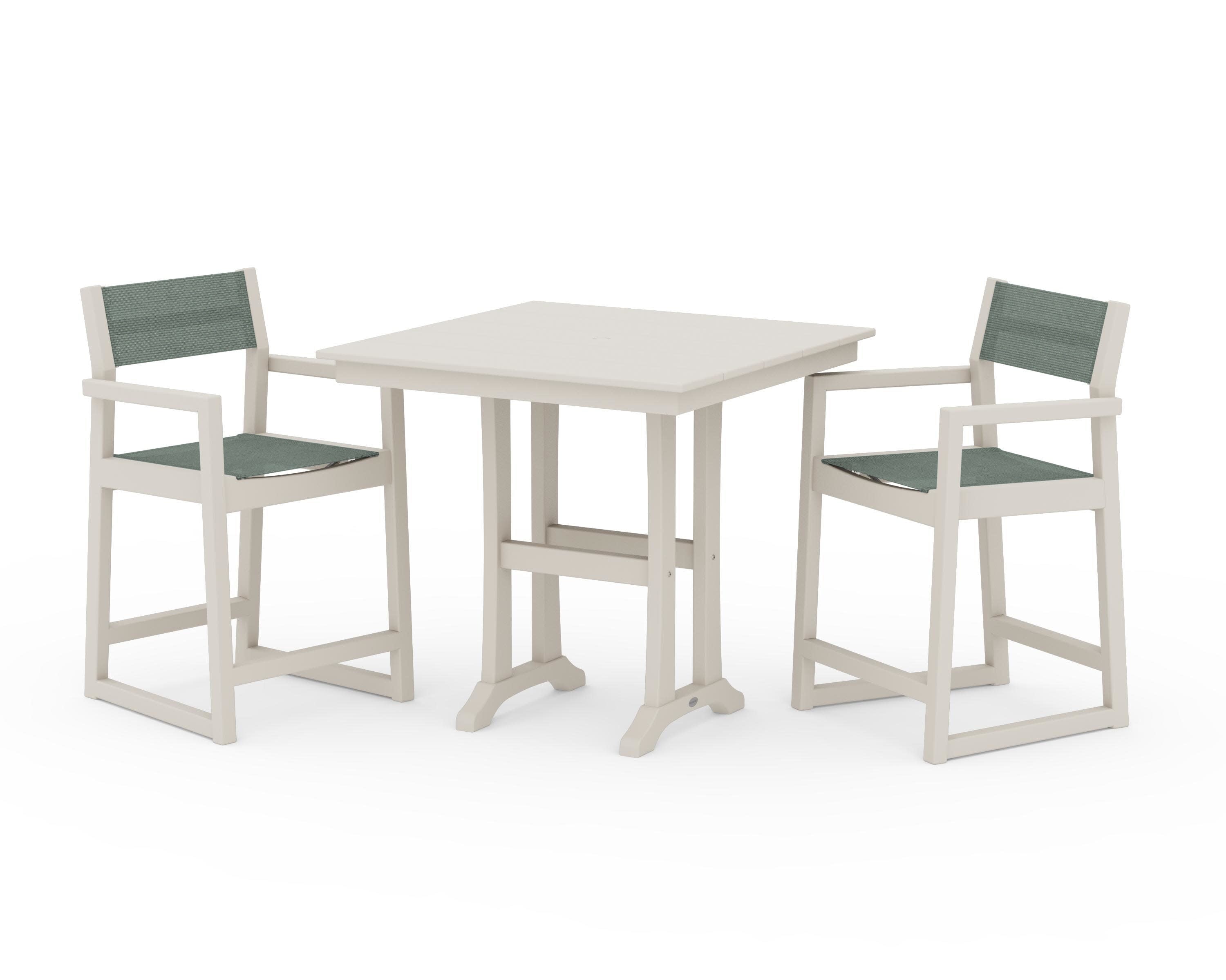 EDGE Sling Arm Chair 3-Piece Farmhouse Counter Set with Trestle Legs in Sand / Dupioni Sea Mist Sling