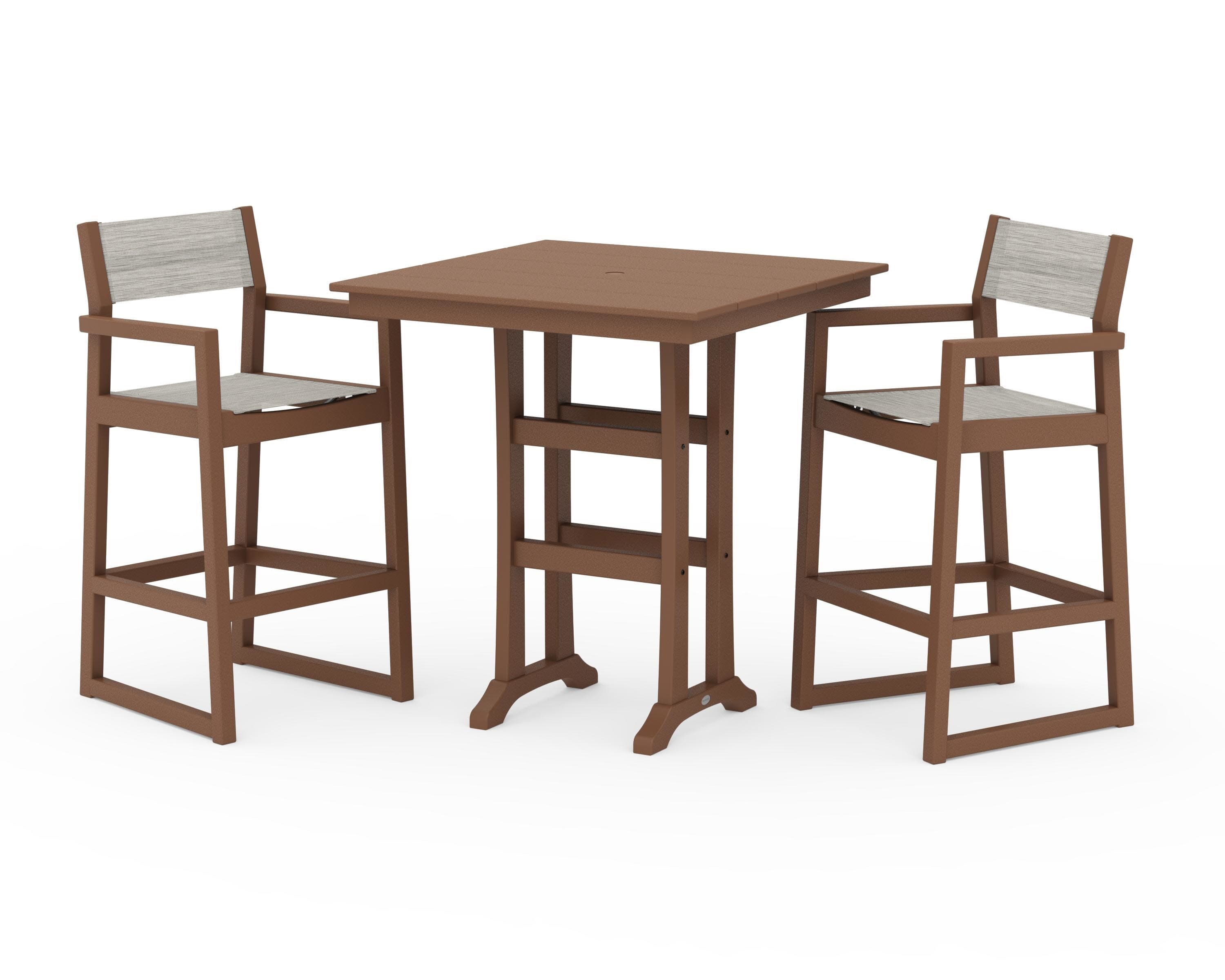 EDGE Sling Arm Chair 3-Piece Farmhouse Bar Set with Trestle Legs in Teak / Birch Sling