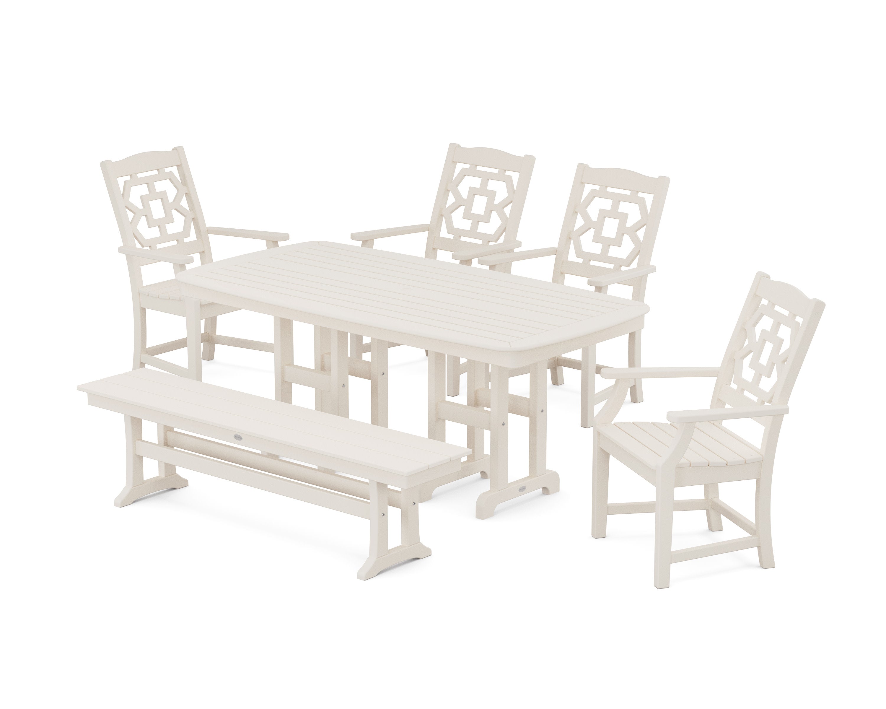 Chinoiserie 6-Piece Dining Set with Bench in Sand