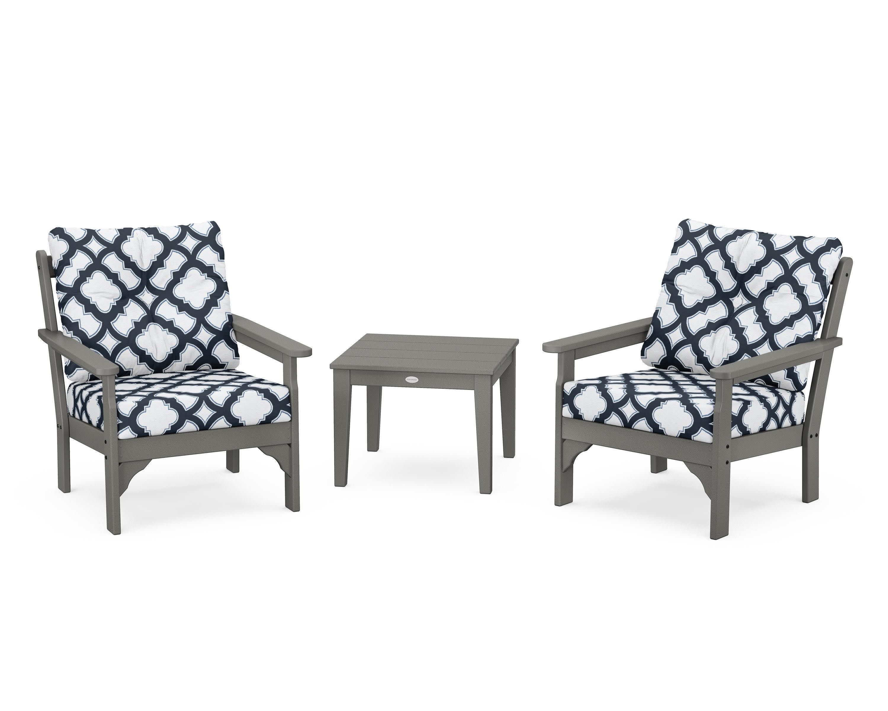 Vineyard 3-Piece Deep Seating Set in Slate Grey / Trellis Marine Indigo