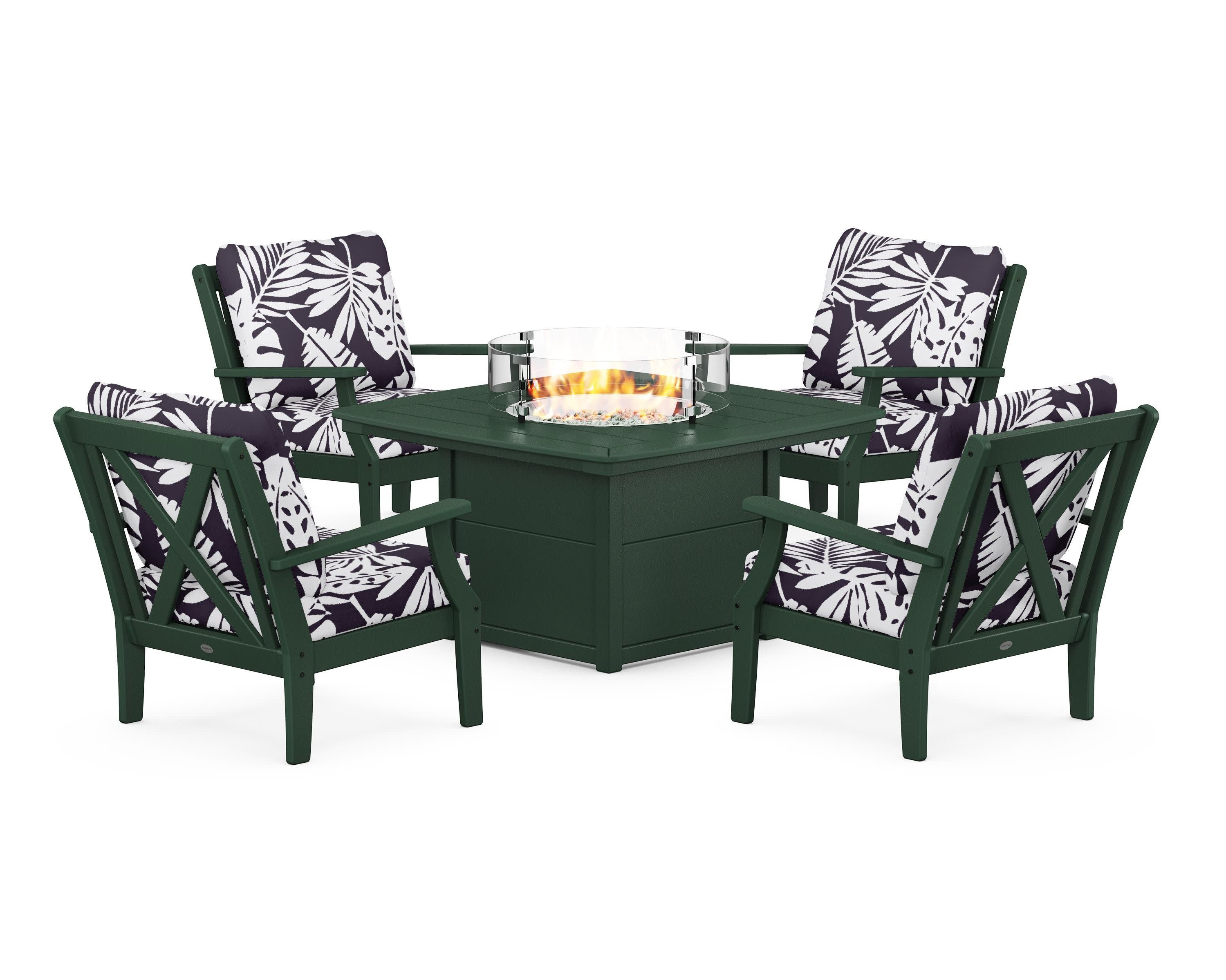 Braxton 5-Piece Deep Seating Conversation Set with Fire Pit Table in Green / Leaf Navy
