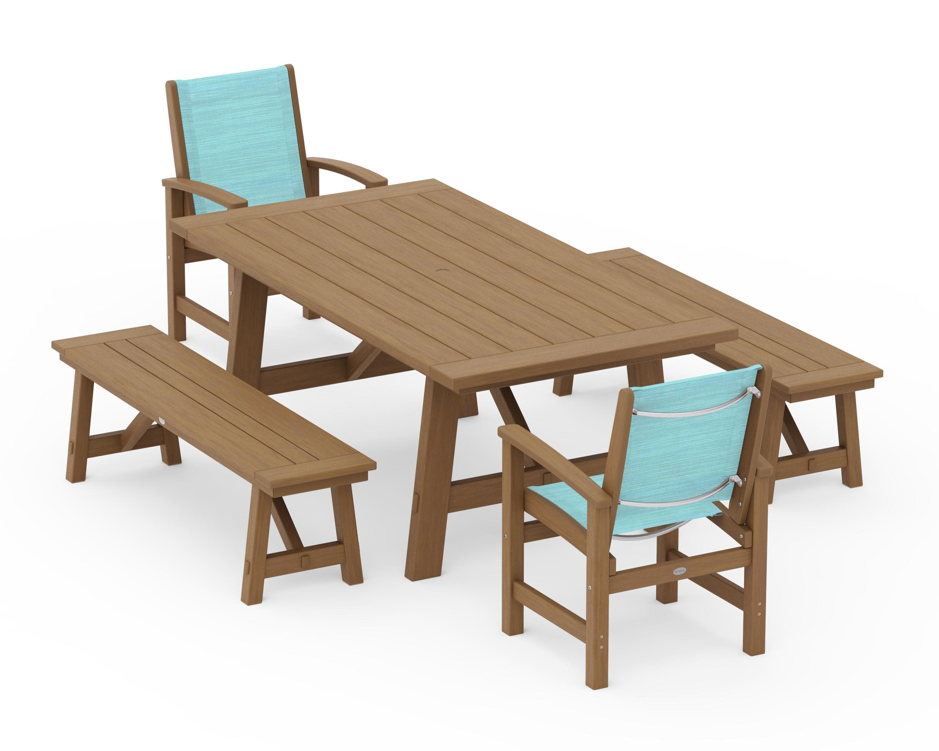 Coastal 5-Piece Rustic Farmhouse Dining Set With Benches in Natural / Dupioni Aquamarine Sling