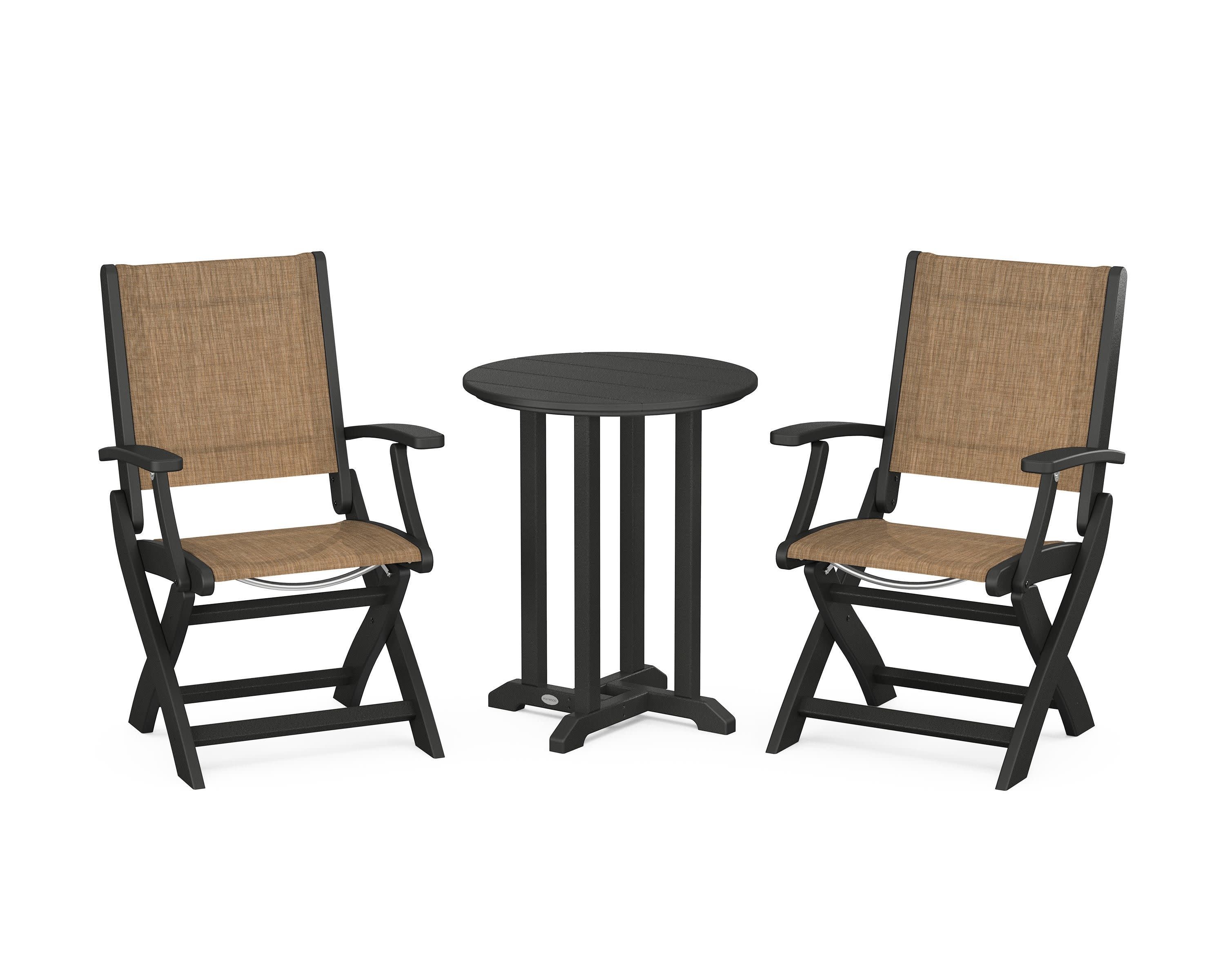 Coastal Folding 3-Piece Round Bistro Dining Set in Black / Burlap Sling
