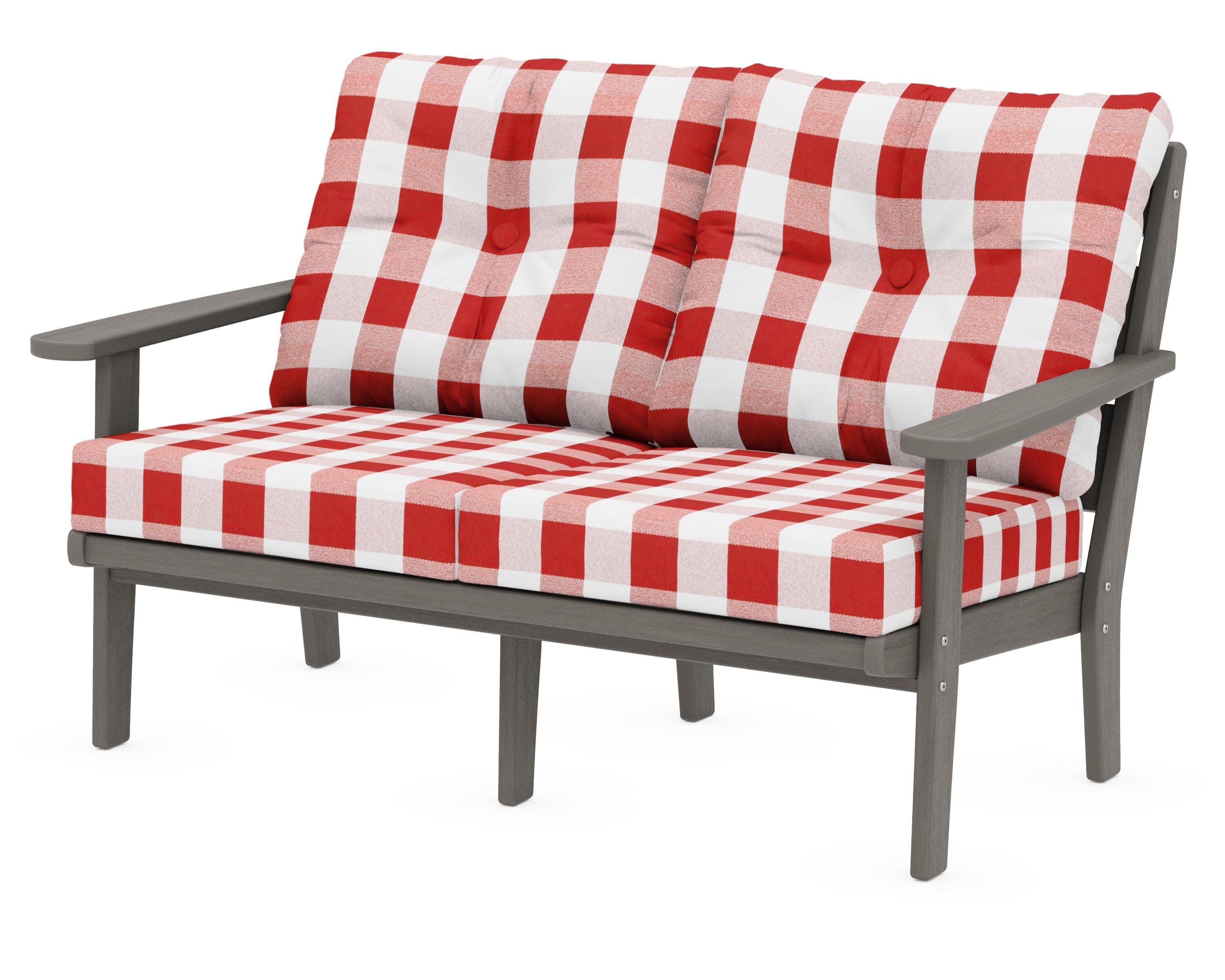 Lakeside Deep Seating Loveseat in Driftwood / Buffalo Plaid Crimson