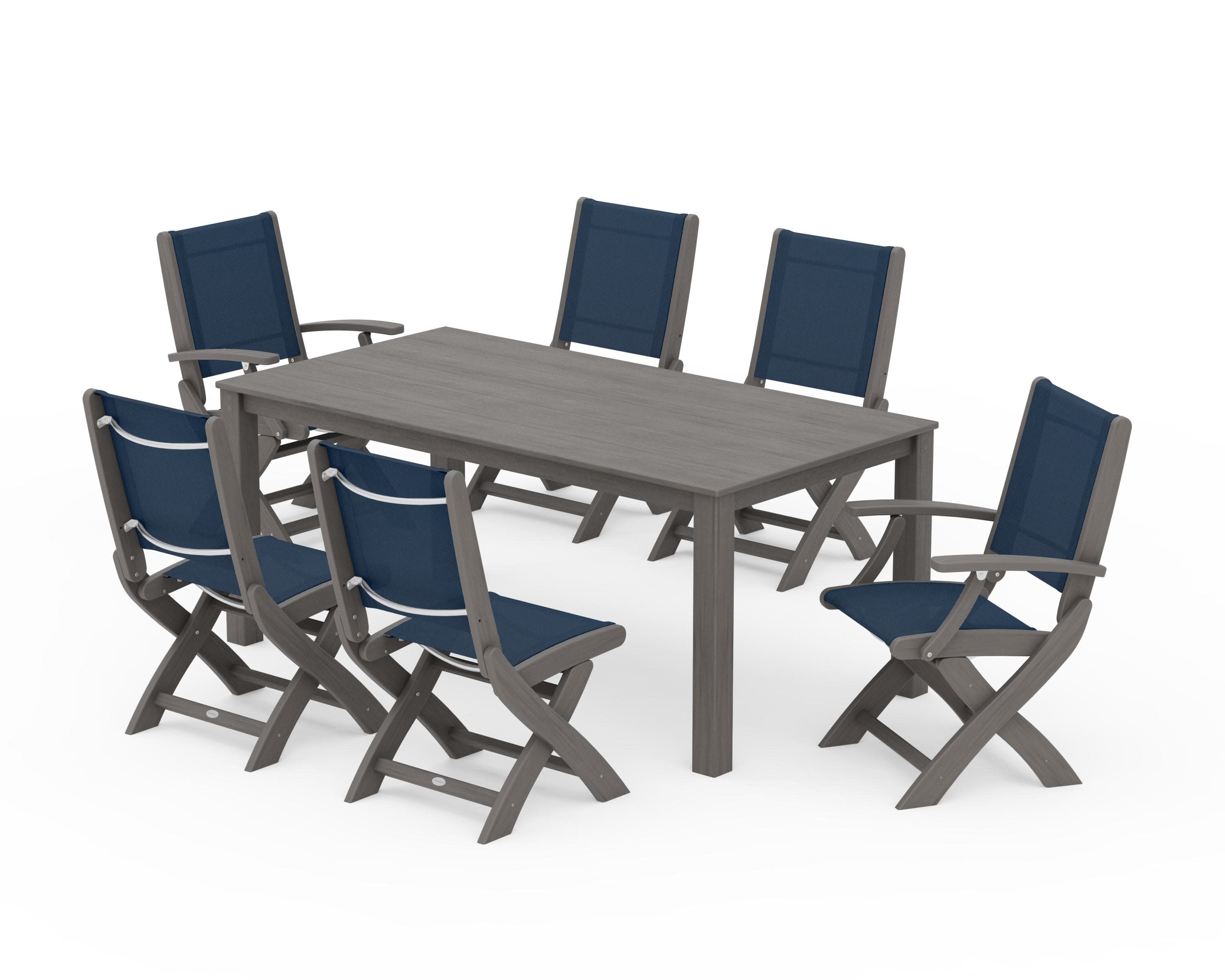 Coastal Folding Chair 7-Piece Parsons Dining Set in Driftwood / Navy Blue Sling