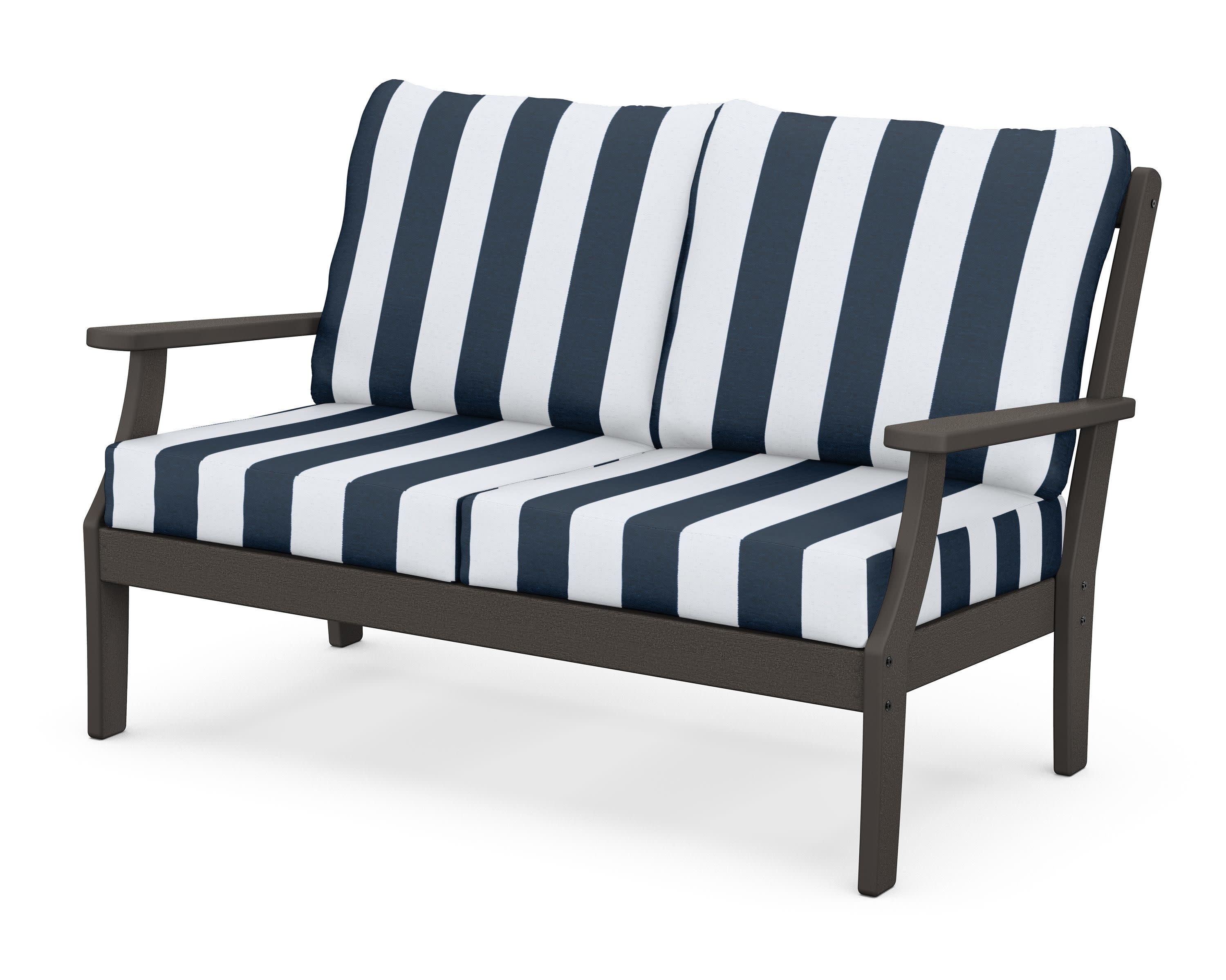 Braxton Deep Seating Loveseat in Vintage Coffee / Cabana Stripe Marine Indigo