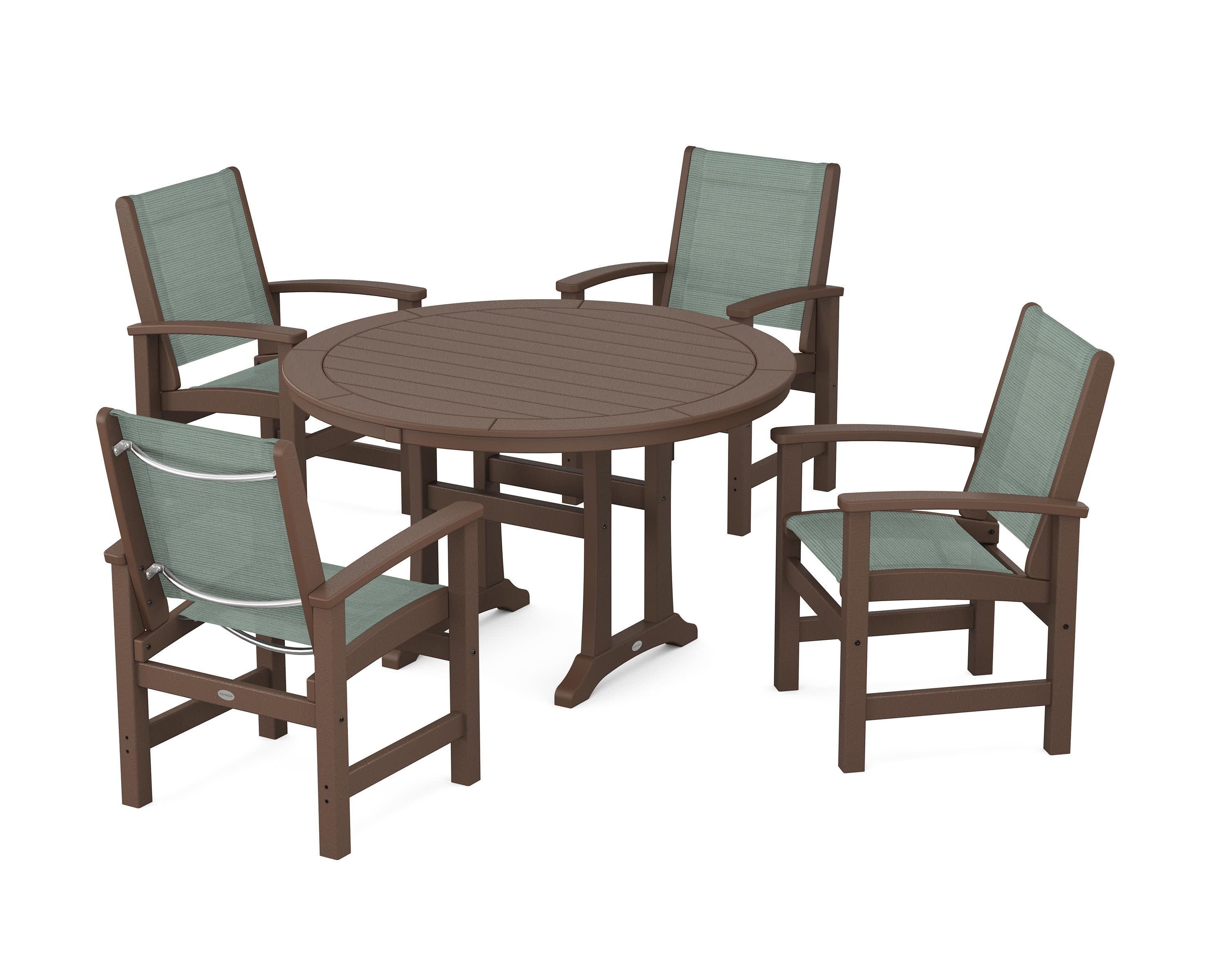 Coastal 5-Piece Round Dining Set with Trestle Legs in Mahogany / Dupioni Sea Mist Sling