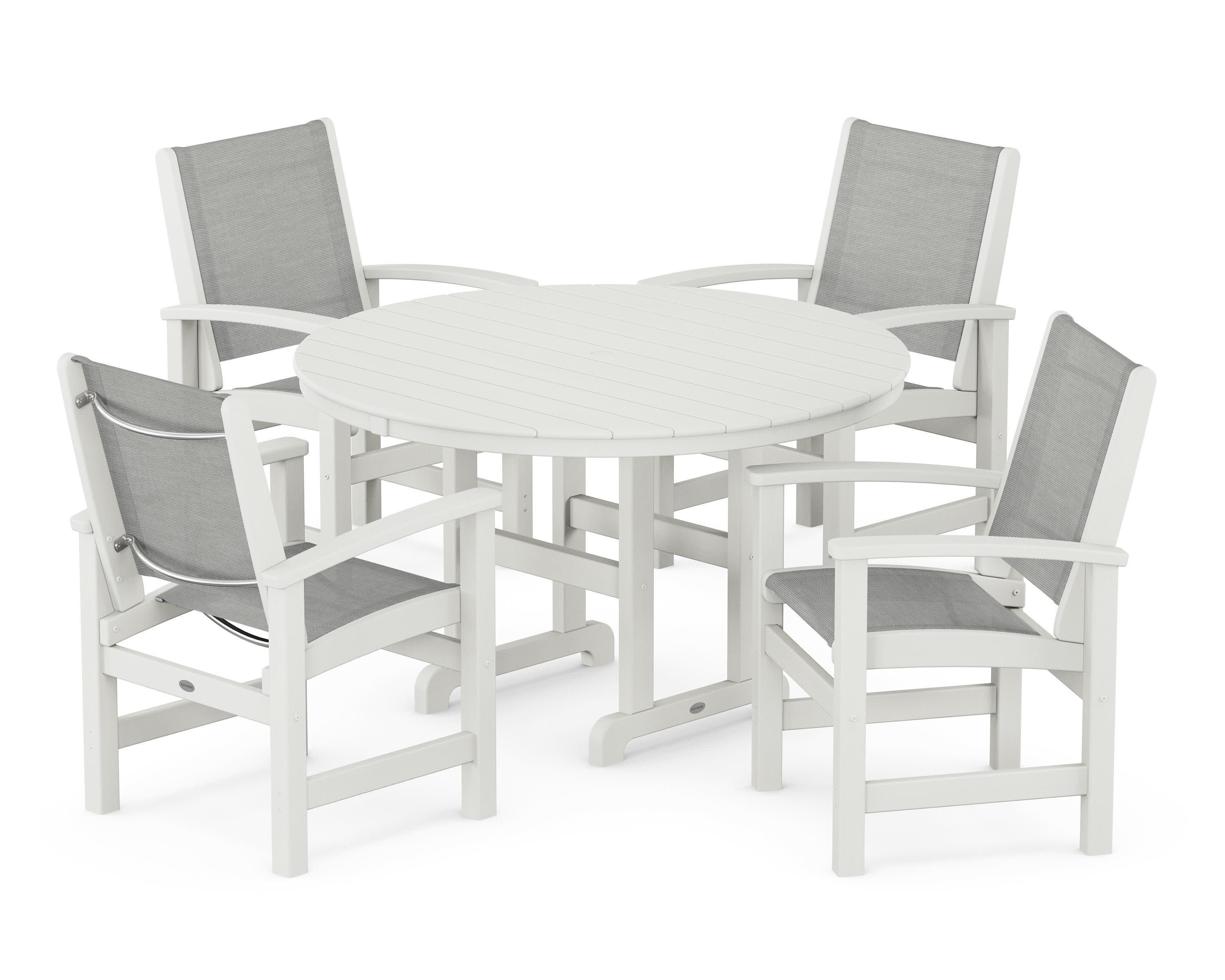 Coastal 5-Piece Round Farmhouse Dining Set in Vintage White / Metallic Sling