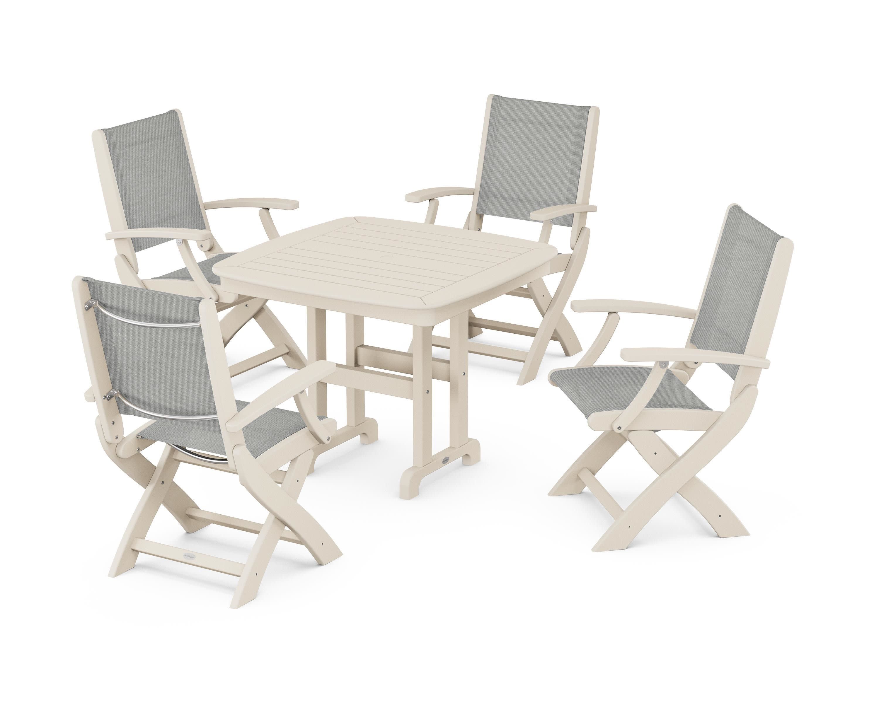 Coastal Folding Chair 5-Piece Dining Set in Sand / Metallic Sling
