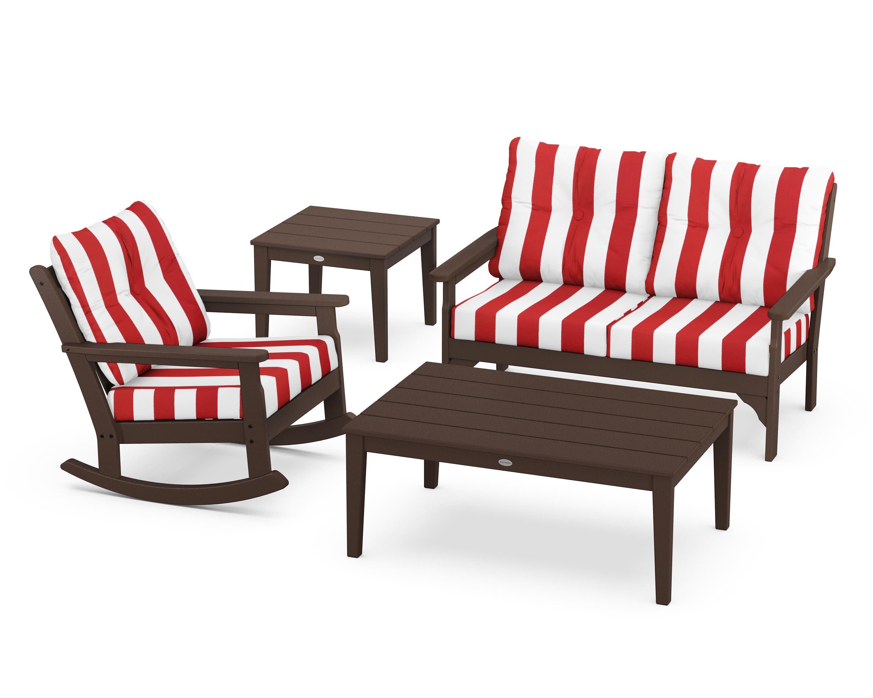 Vineyard 4-Piece Deep Seating Rocker Set in Mahogany / Cabana Stripe Crimson