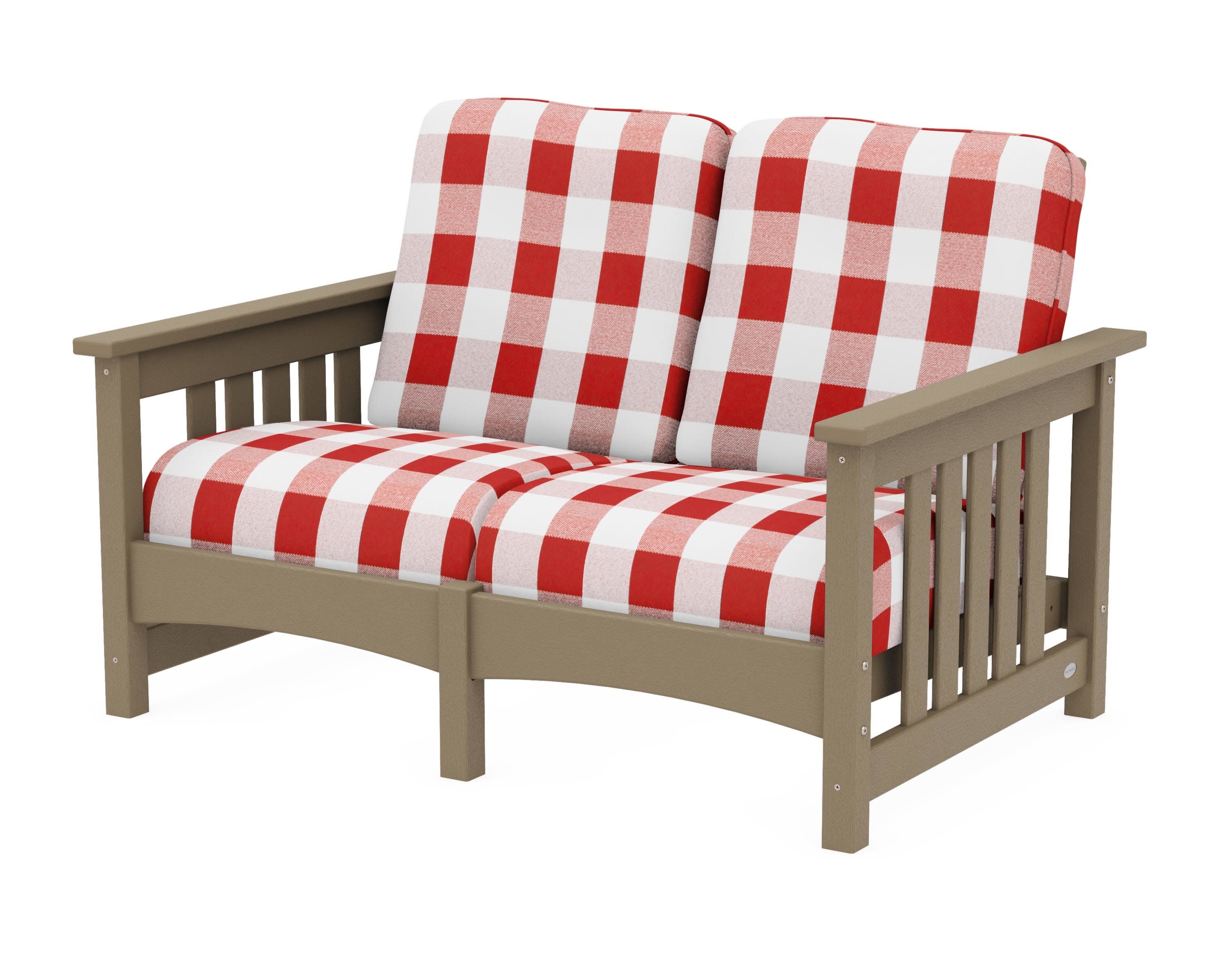 Club Mission Loveseat in Vintage Sahara / Buffalo Plaid Crimson