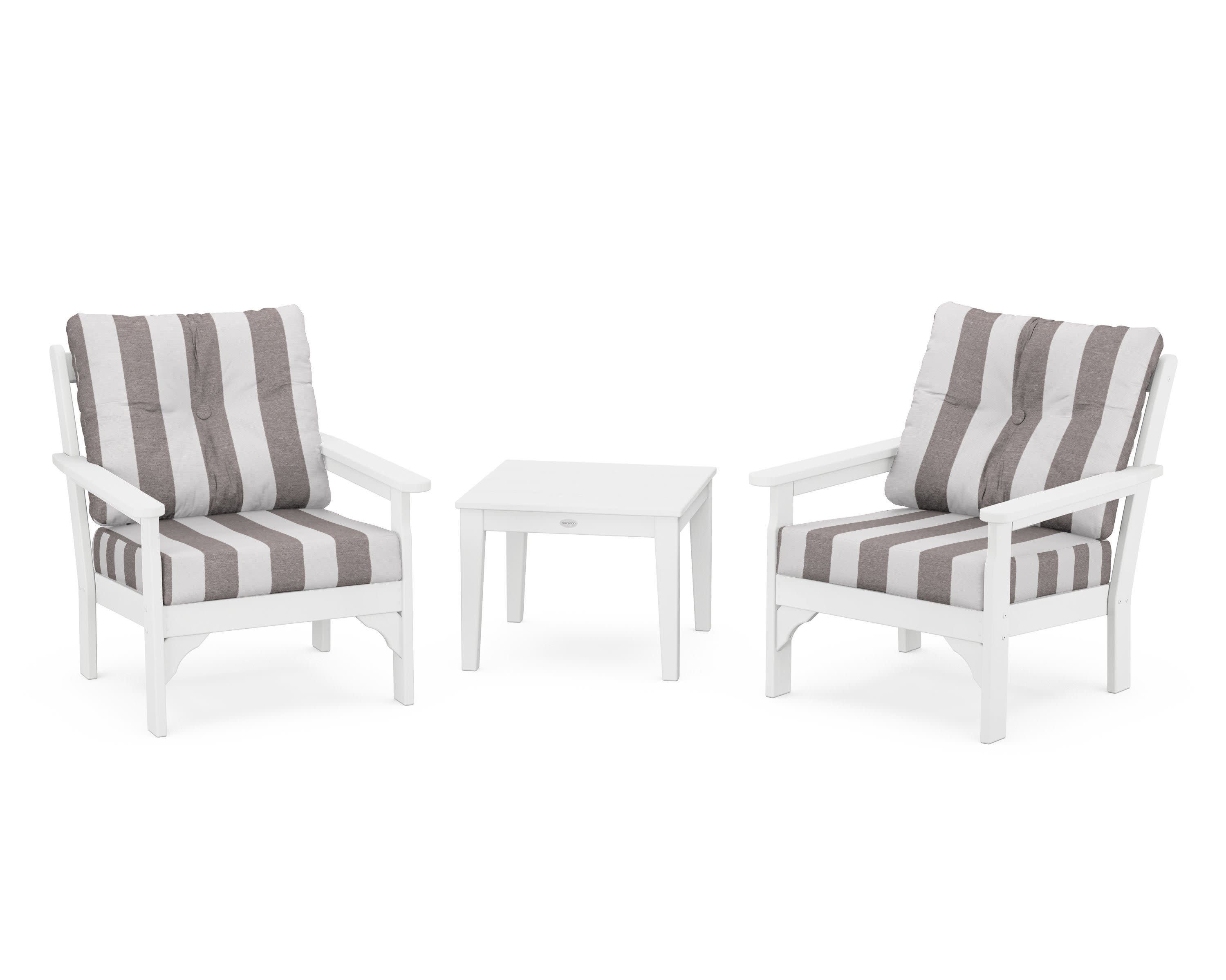 Vineyard 3-Piece Deep Seating Set in White / Cabana Stripe Grey Mist