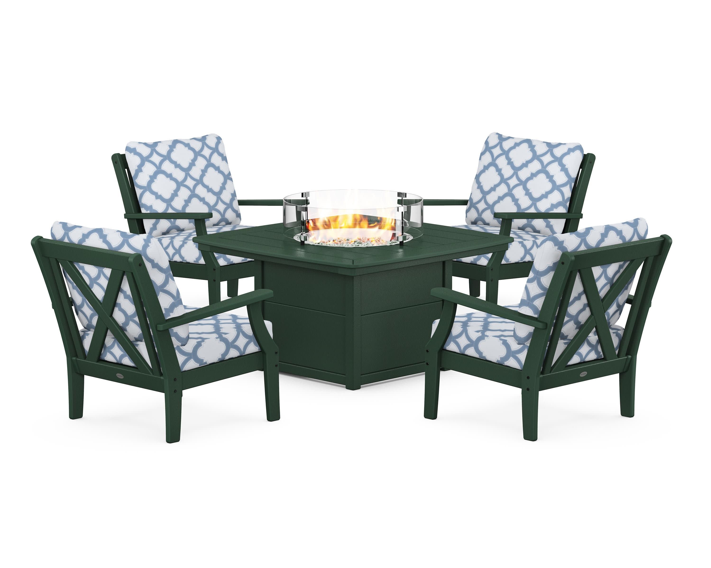 Braxton 5-Piece Deep Seating Conversation Set with Fire Pit Table in Green / Trellis Sky Blue