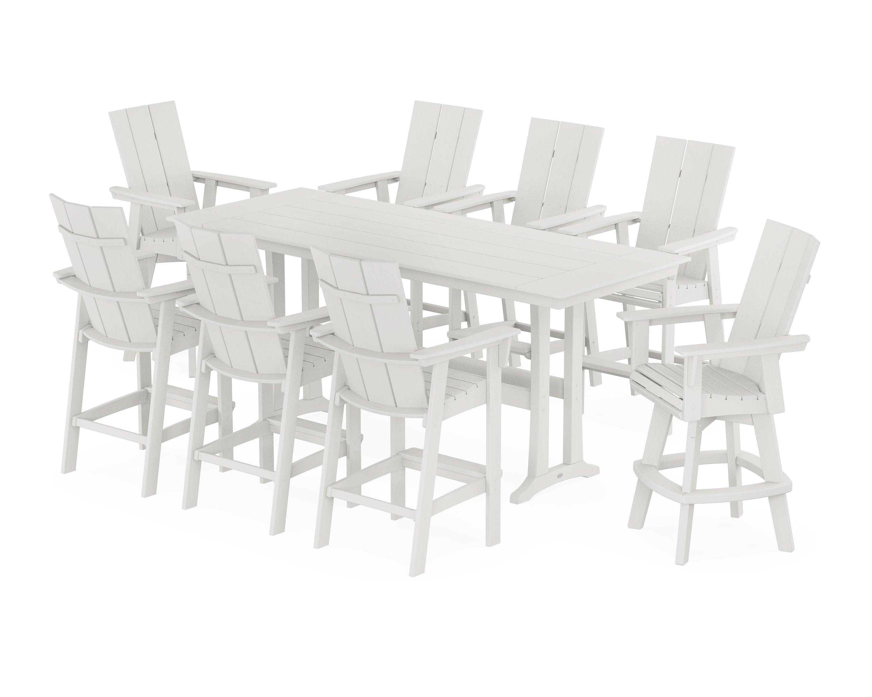 Modern Curveback Adirondack Swivel 9-Piece Farmhouse Bar Set with Trestle Legs in Vintage White