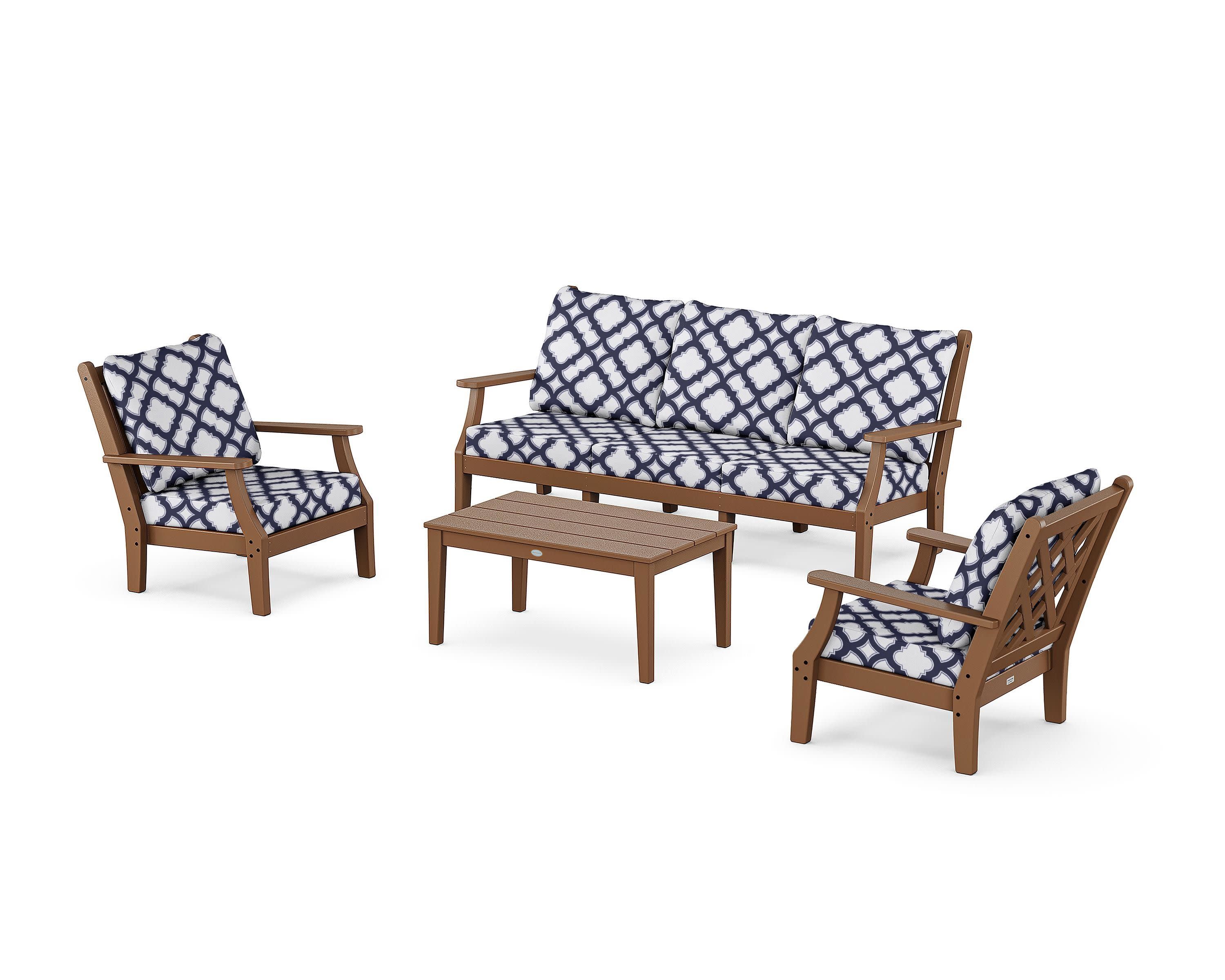 Wovendale 4-Piece Deep Seating Set with Sofa in Teak / Trellis Navy