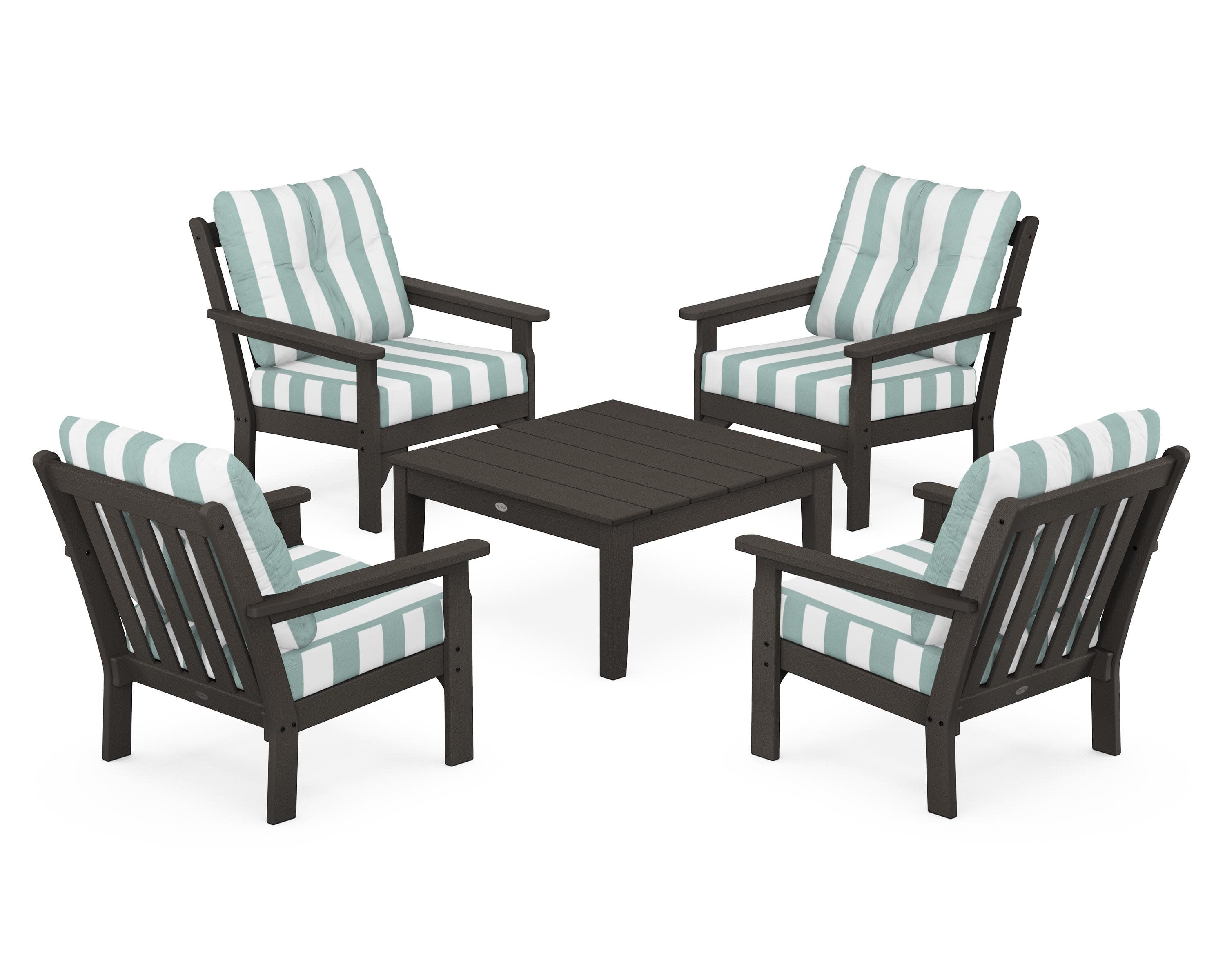 Vineyard 5-Piece Deep Seating Conversation Set in Vintage Coffee / Cabana Stripe Glacier Spa