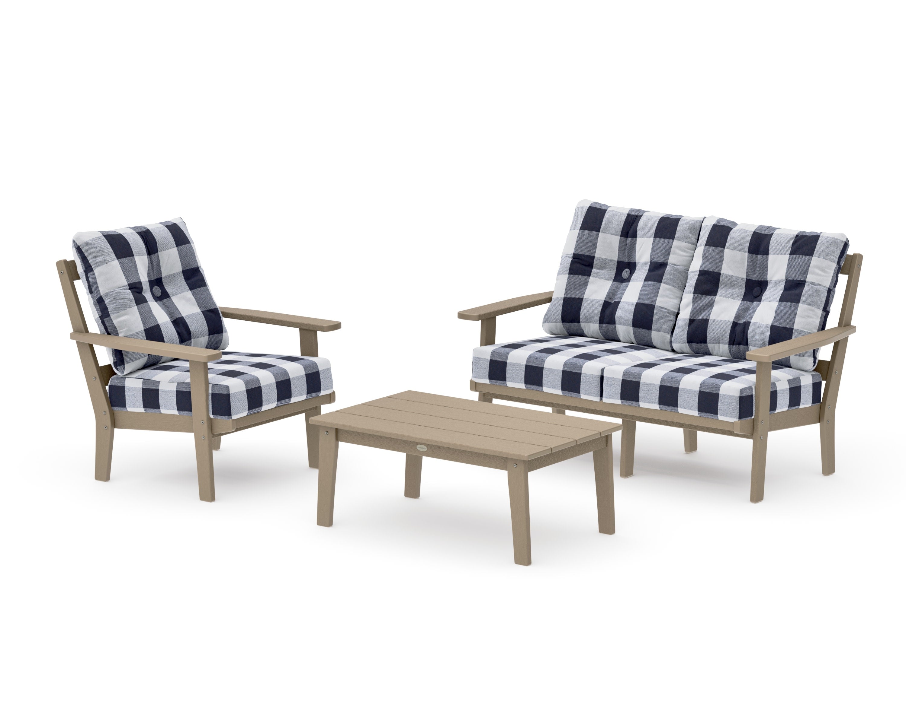 Oxford 3-Piece Deep Seating Set with Loveseat in Vintage Sahara / Buffalo Plaid Navy