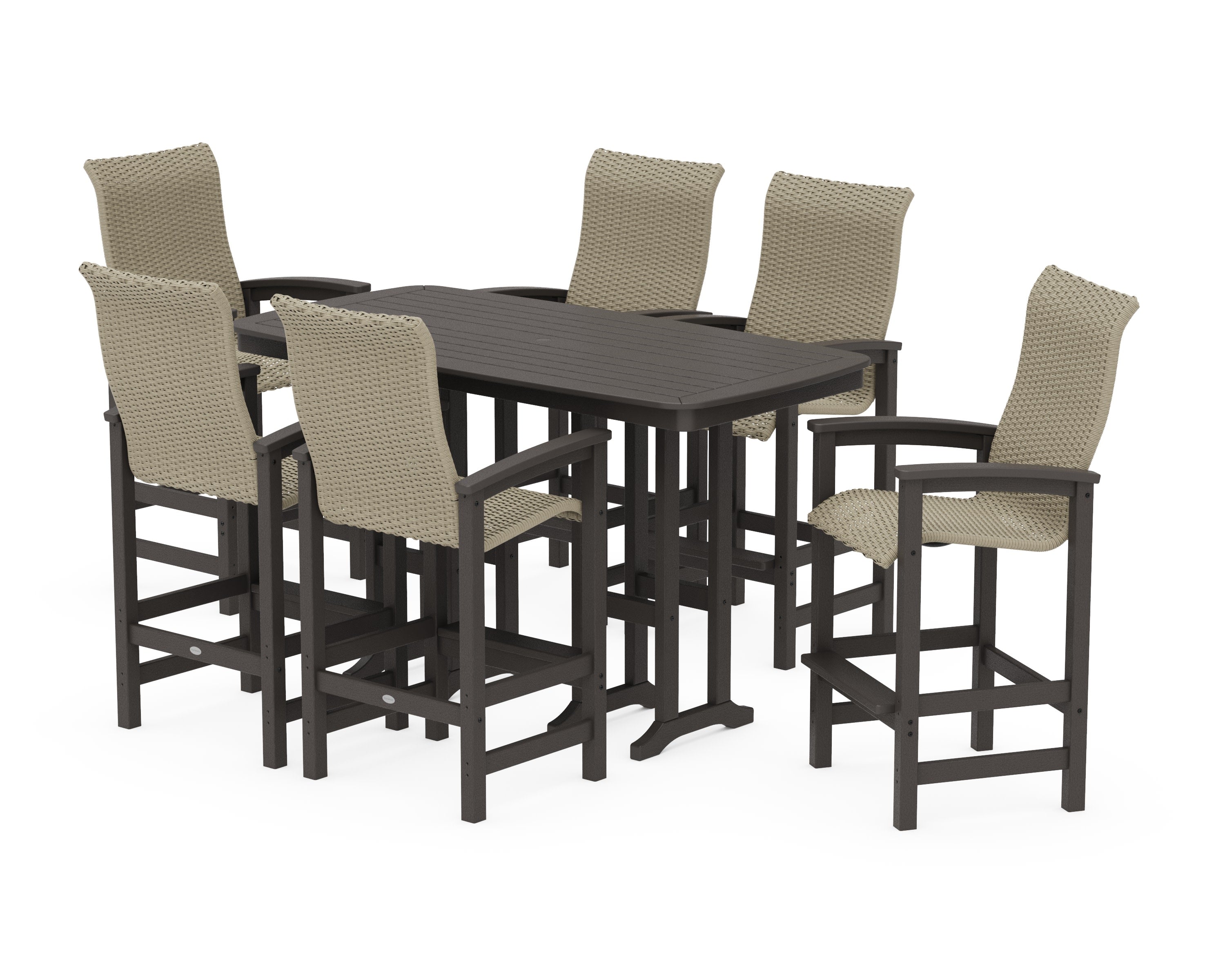 Coastal Woven High-Back Arm Chair 7-Piece Bar Set in Vintage Coffee / Dune Grass