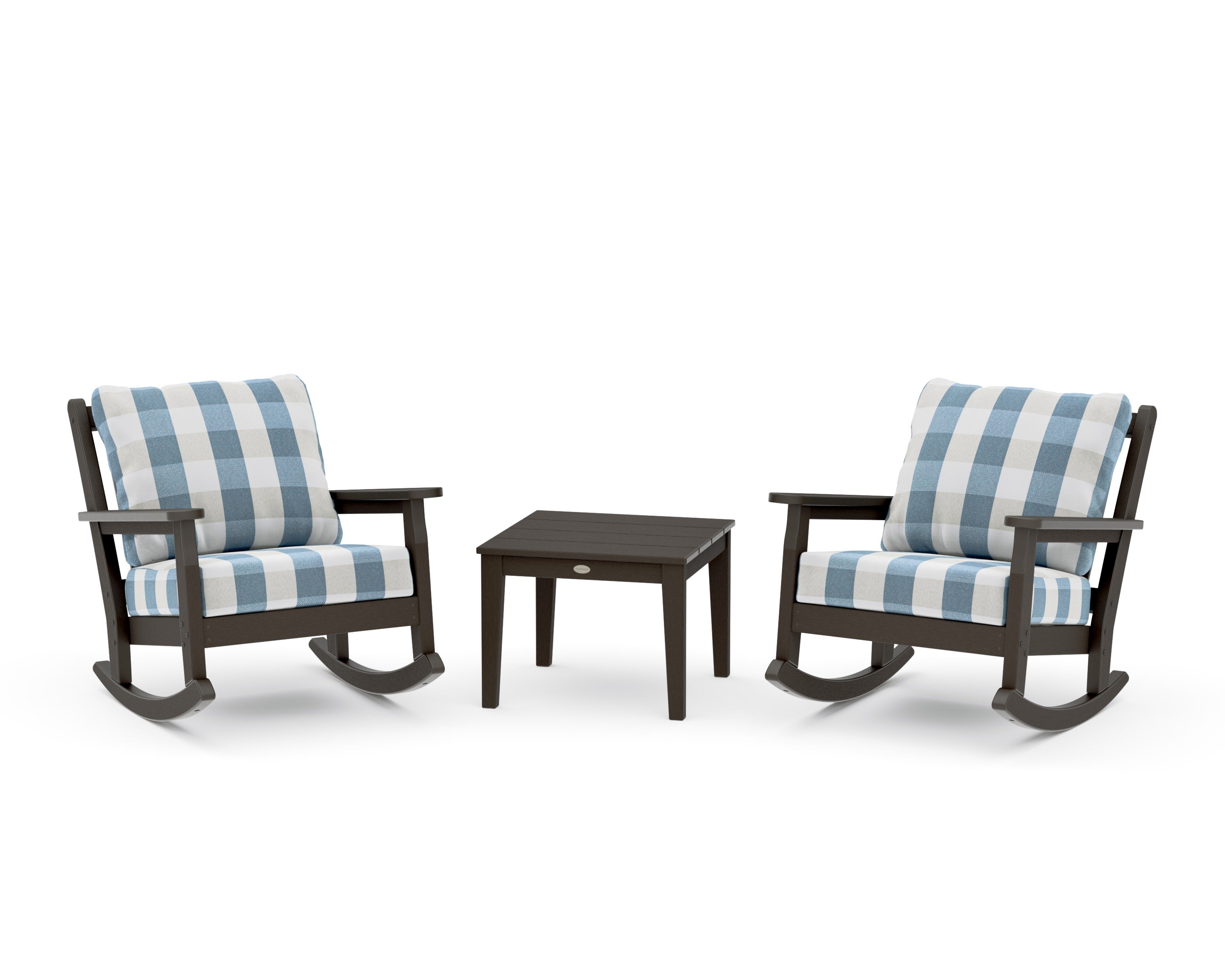 Chippendale 3-Piece Deep Seating Rocker Set in Vintage Coffee / Buffalo Plaid Sky Blue
