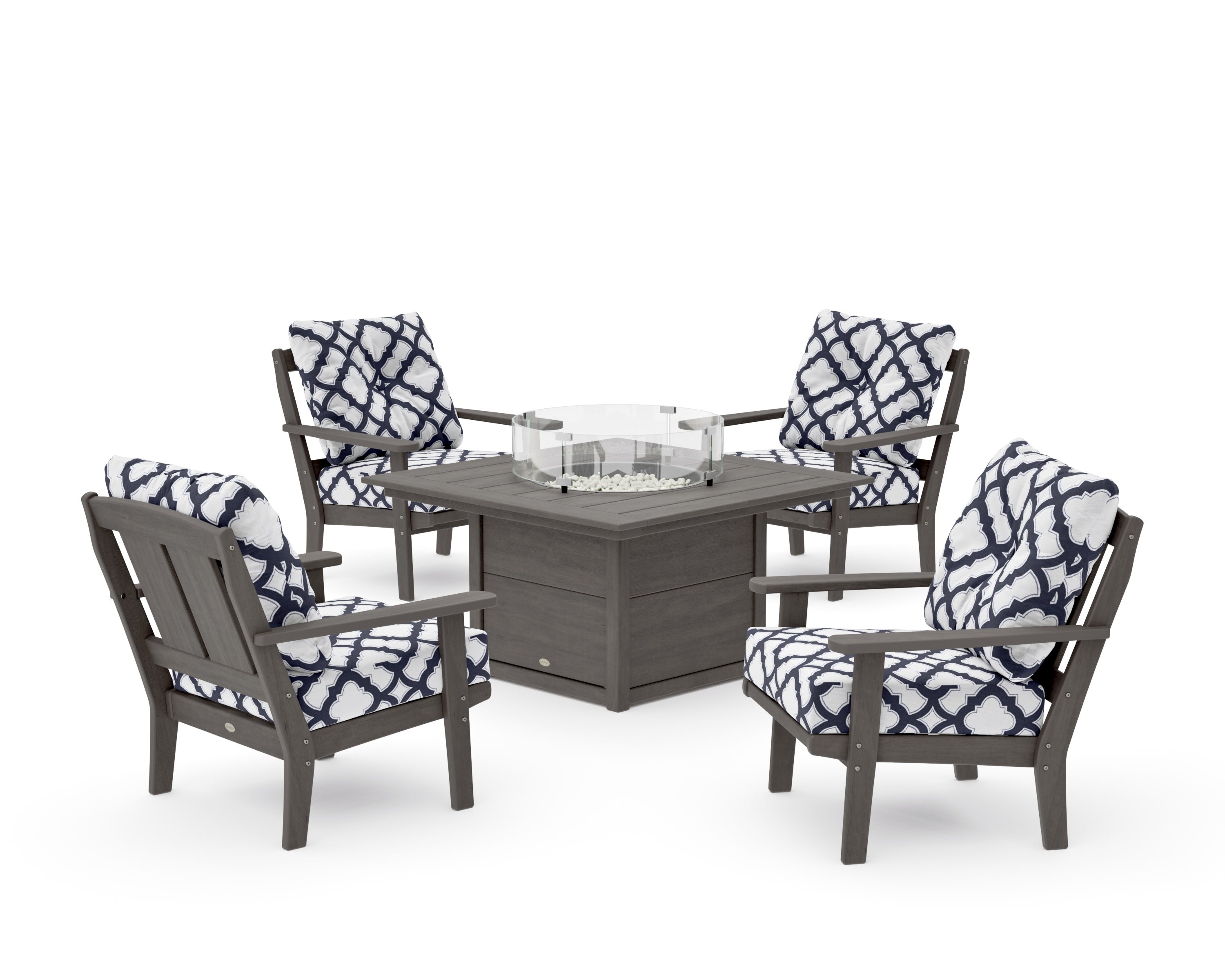 Mission 5-Piece Deep Seating Set with Fire Pit Table in Driftwood / Trellis Navy