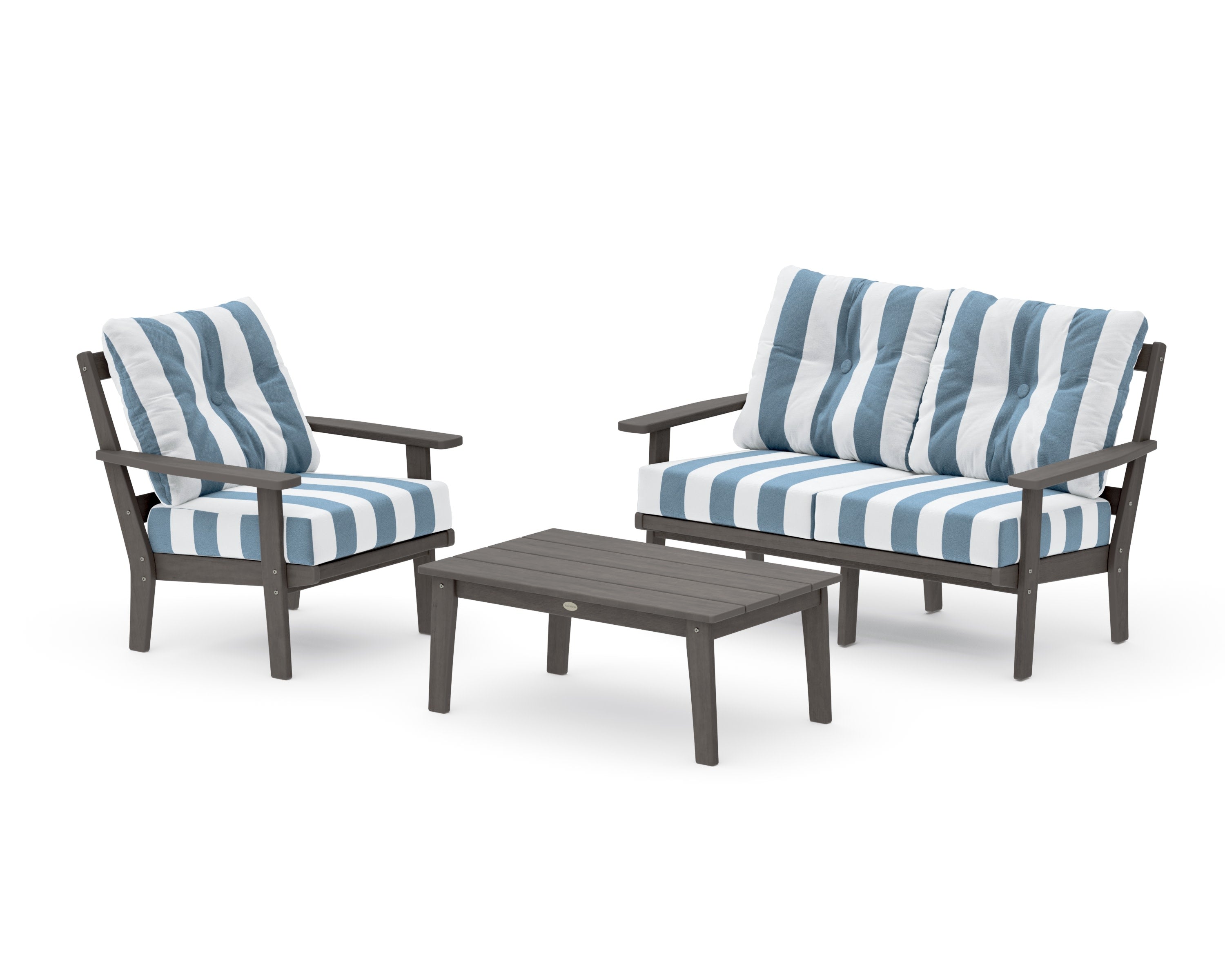 Prairie 3-Piece Deep Seating Set with Loveseat in Driftwood / Cabana Stripe Sky Blue