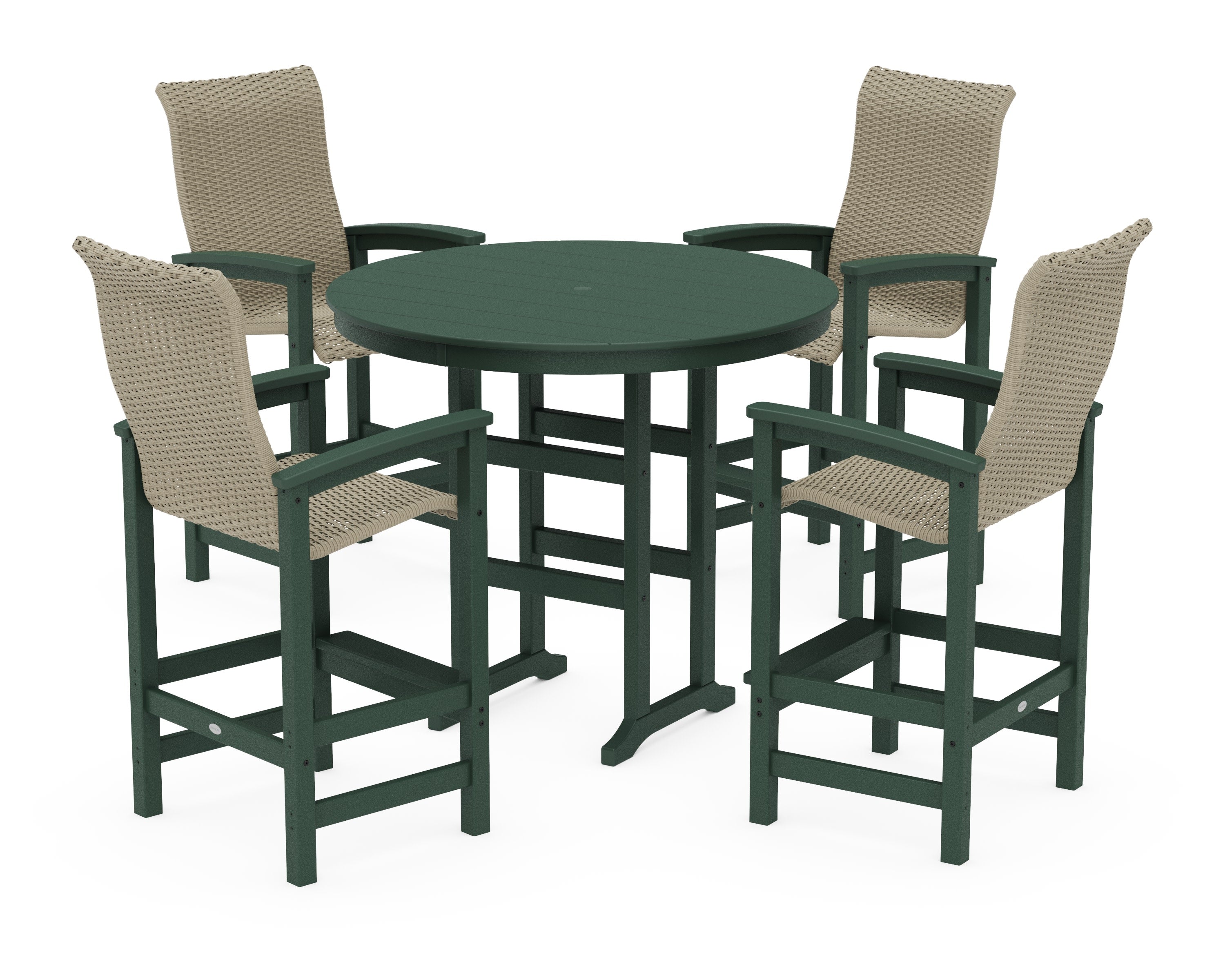 Coastal Woven High-Back 5-Piece Round Farmhouse Bar Set in Green / Dune Grass