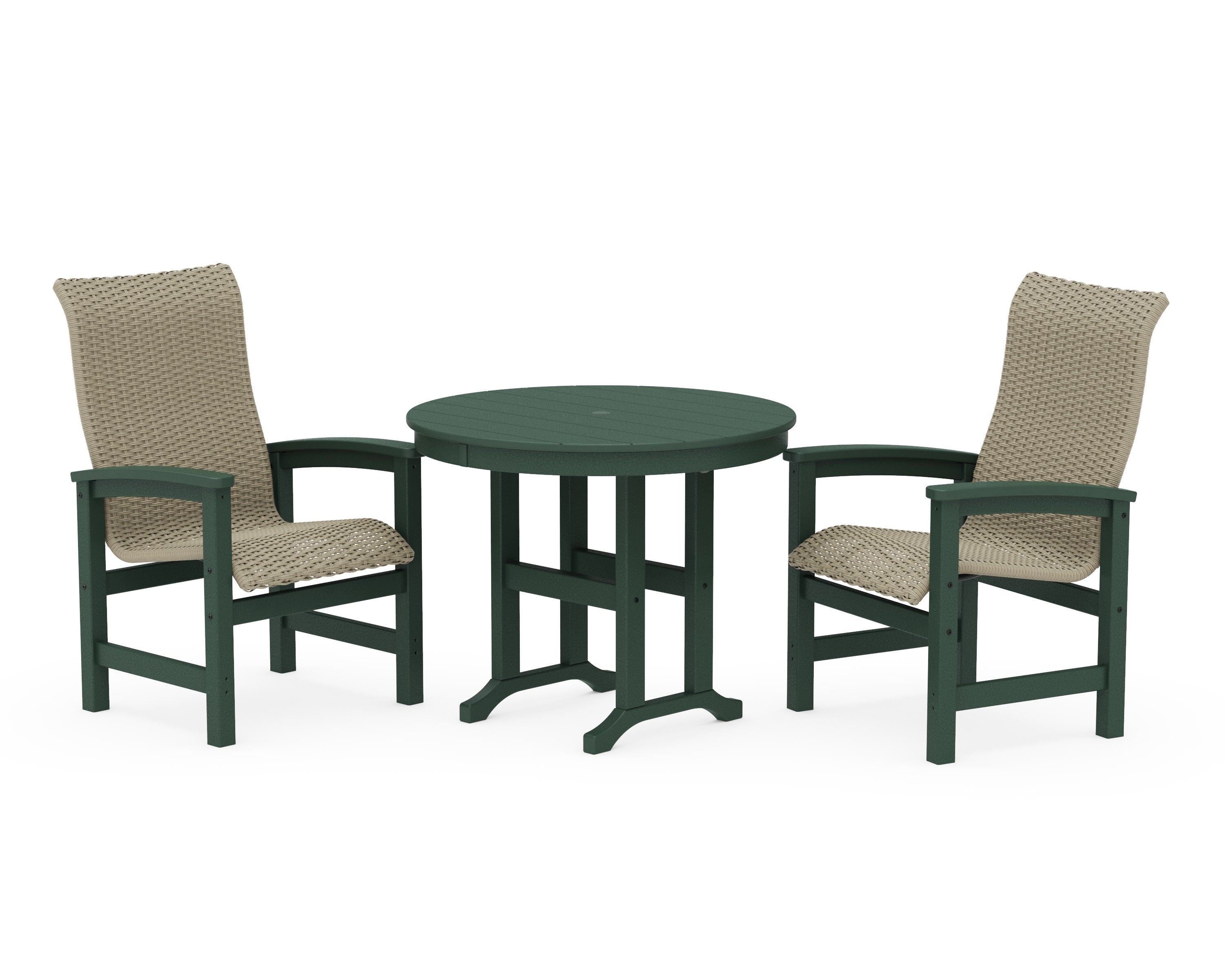 Coastal Woven High-Back 3-Piece Farmhouse Dining Set in Green / Dune Grass