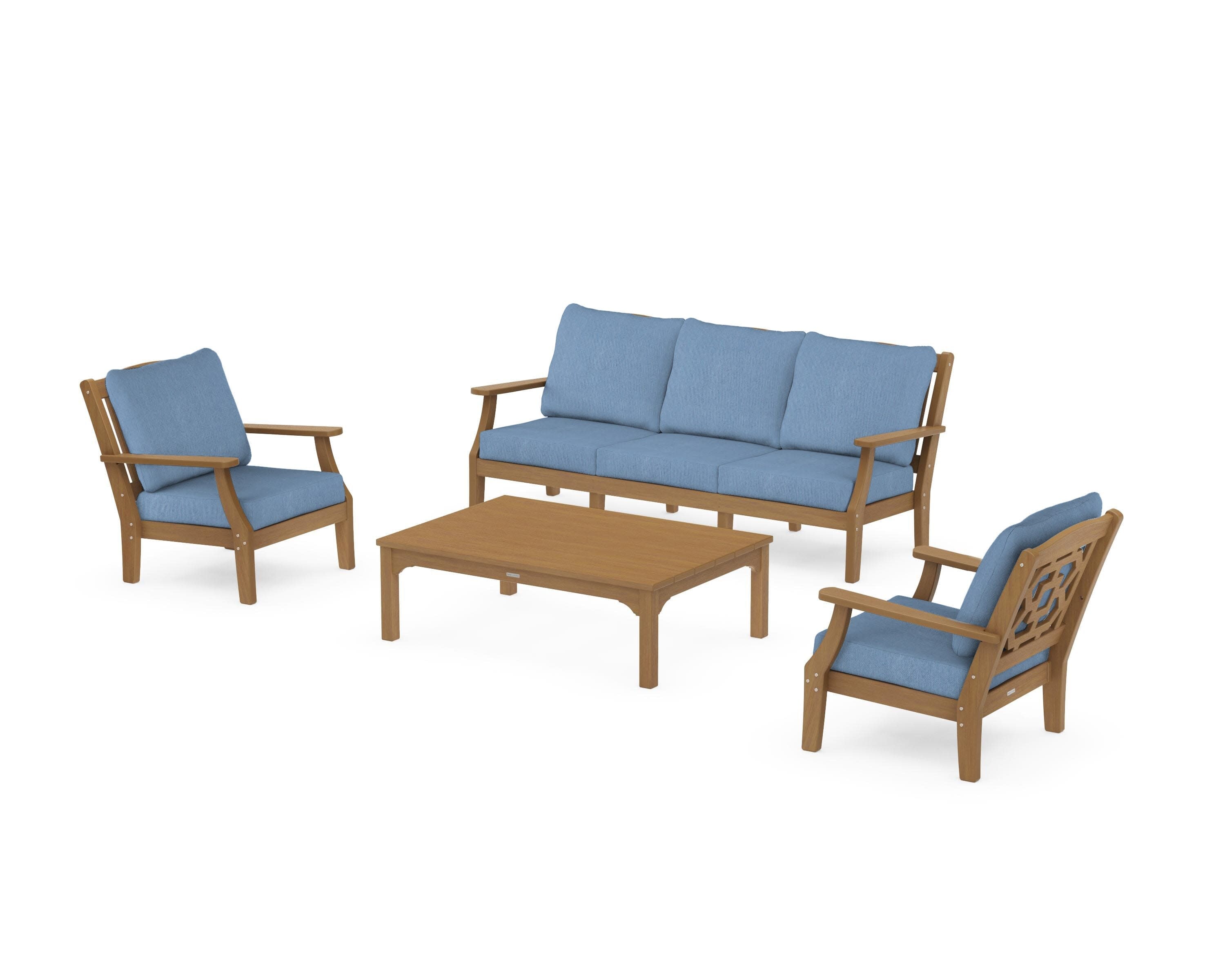 Chinoiserie 4-Piece Deep Seating Set with Sofa in Natural / Sky Blue