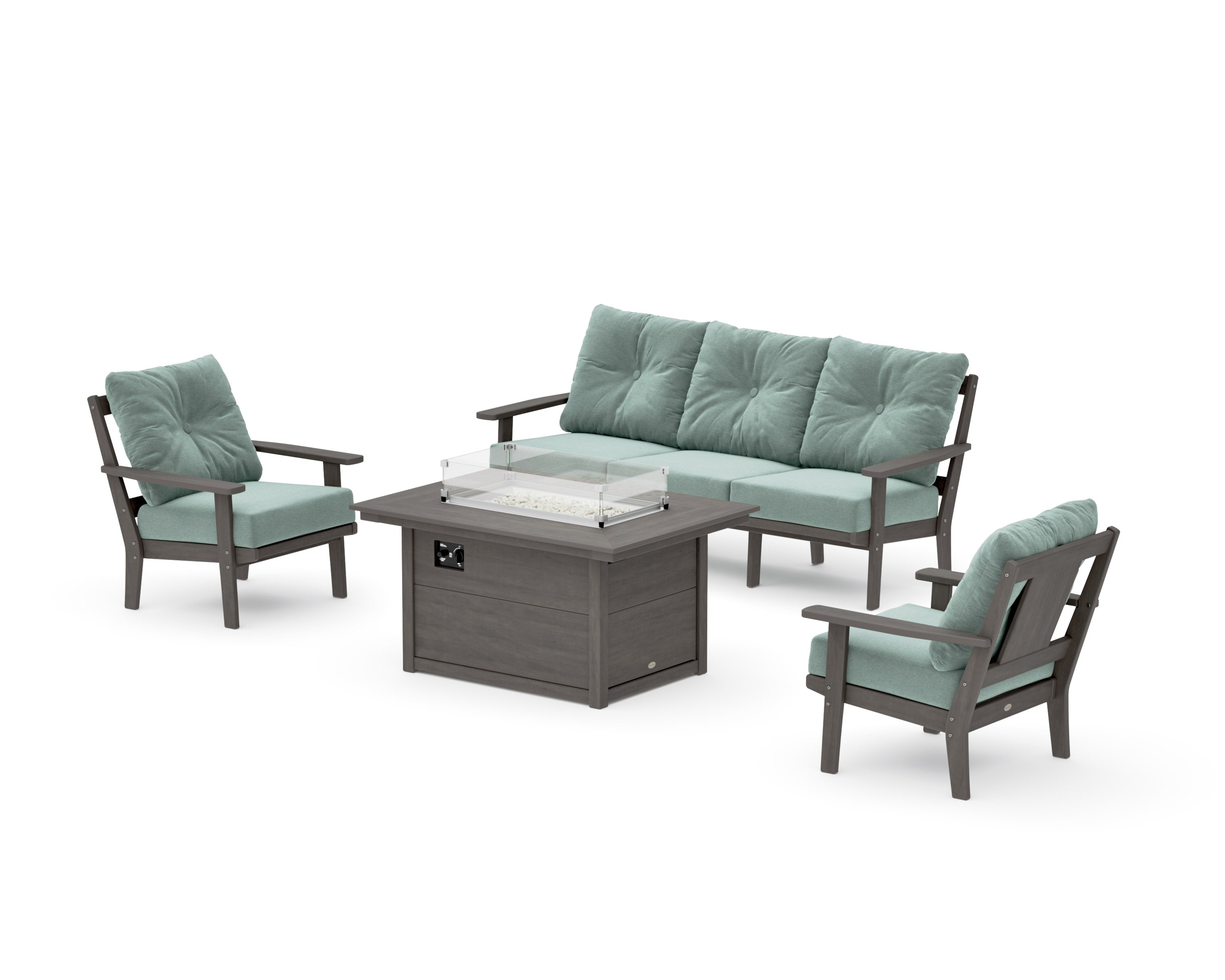 Prairie Deep Seating Fire Pit Table Set in Driftwood / Glacier Spa