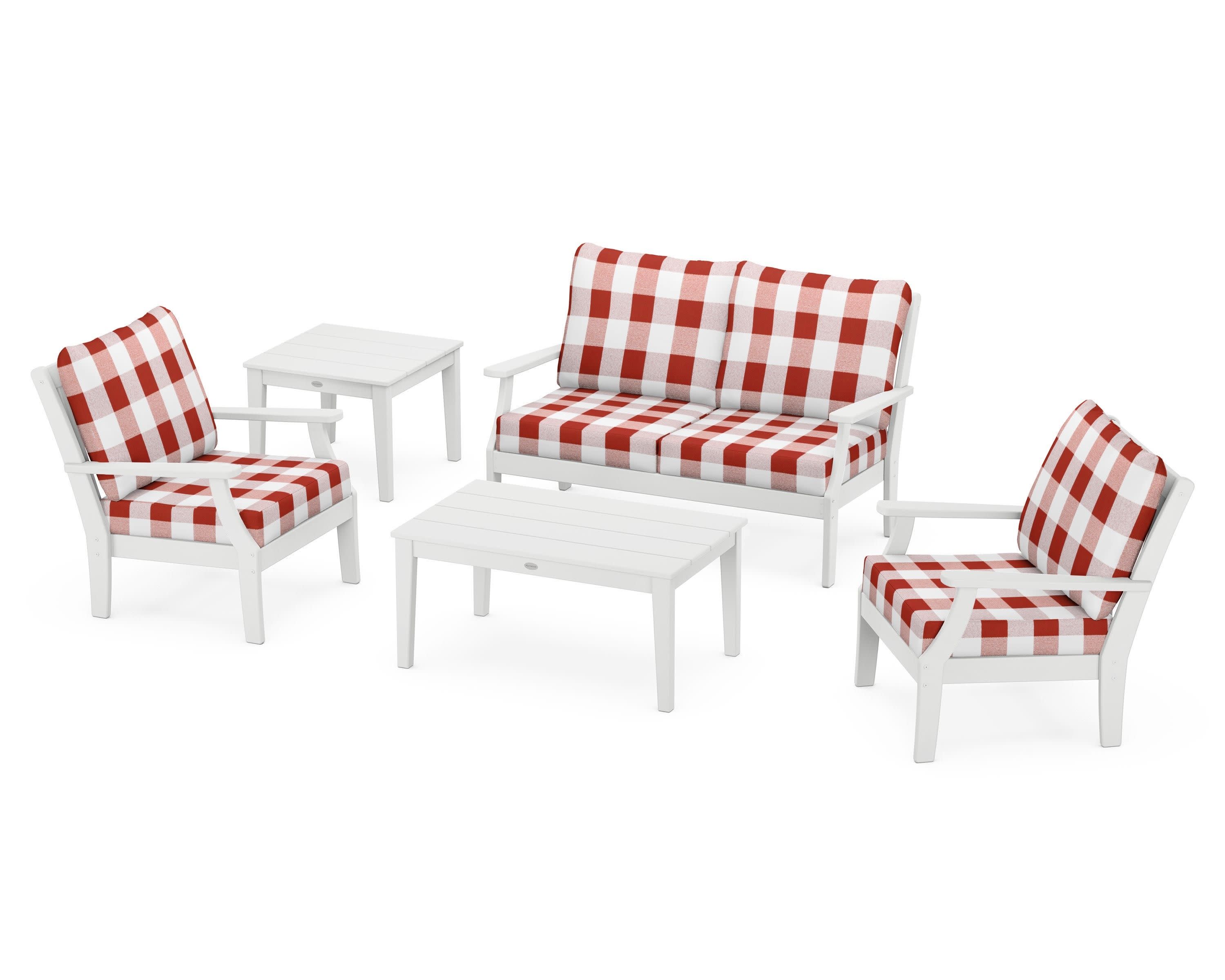 Braxton 5-Piece Deep Seating Set in White / Buffalo Plaid Crimson