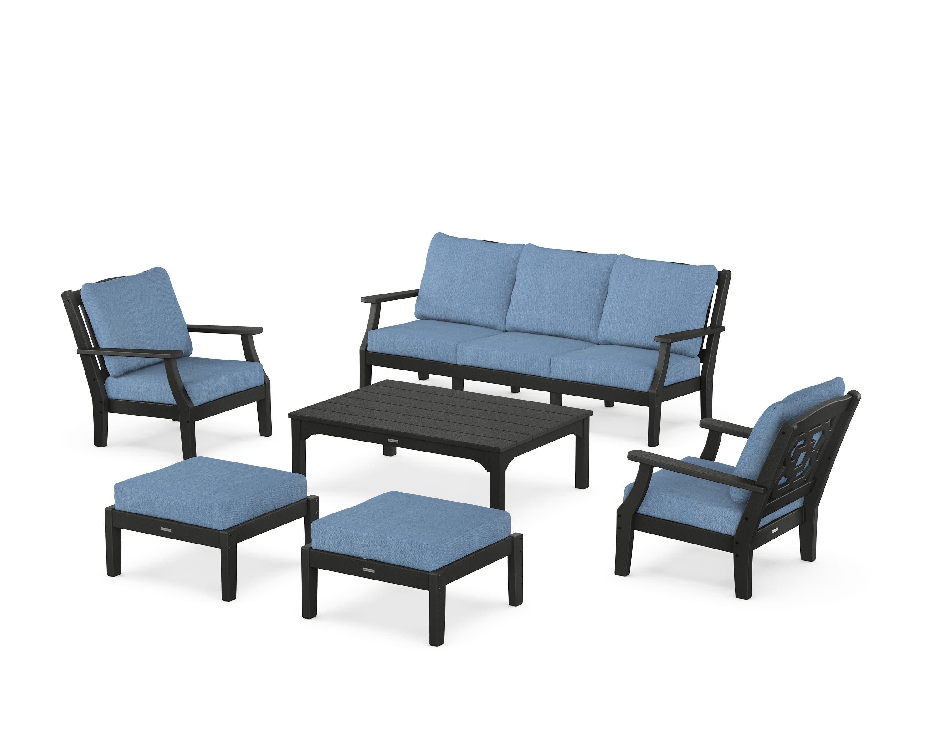 Chinoiserie 6-Piece Lounge Sofa Set in Black / Sky Blue