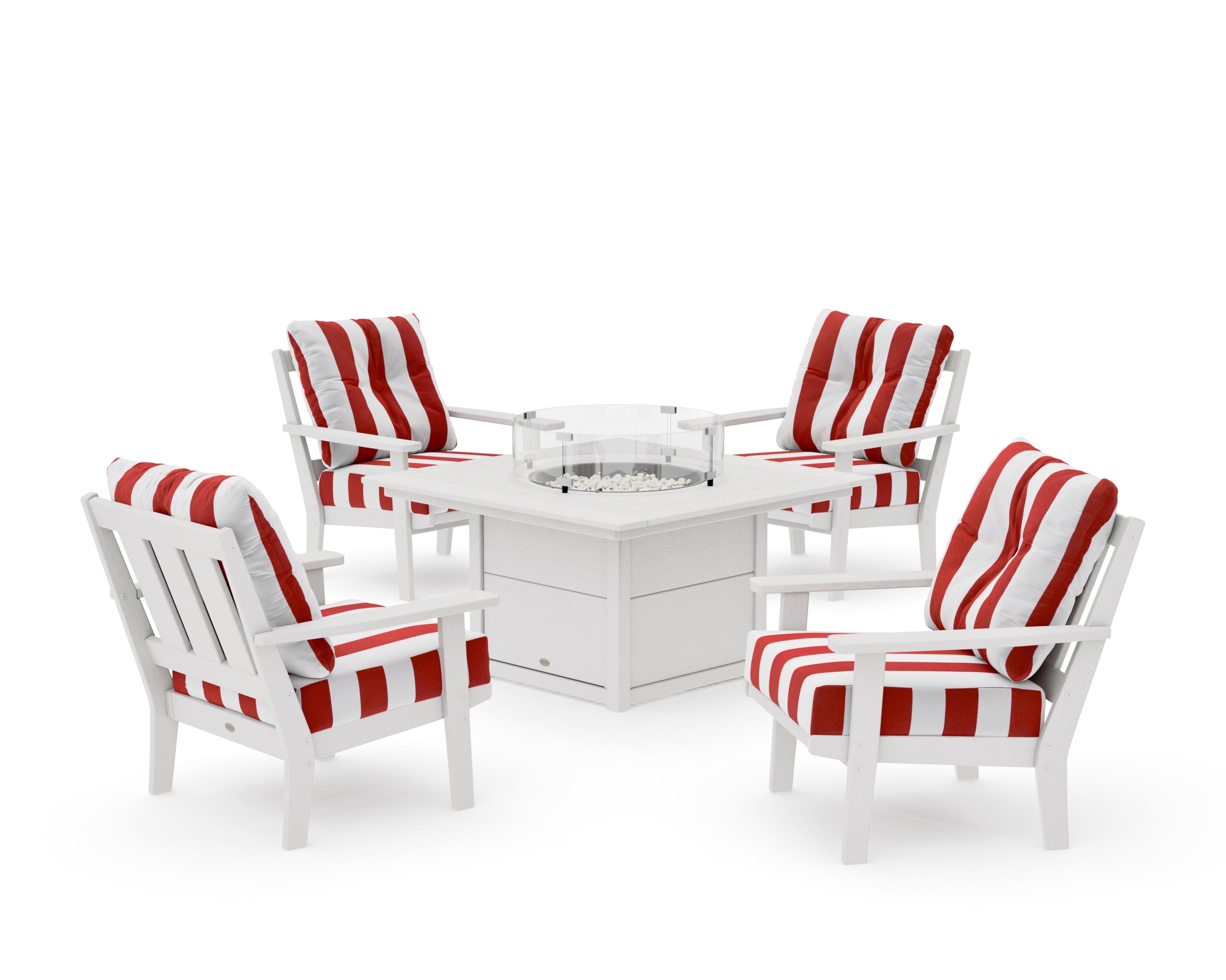 Oxford 5-Piece Deep Seating Set with Fire Pit Table in Vintage White / Cabana Stripe Crimson