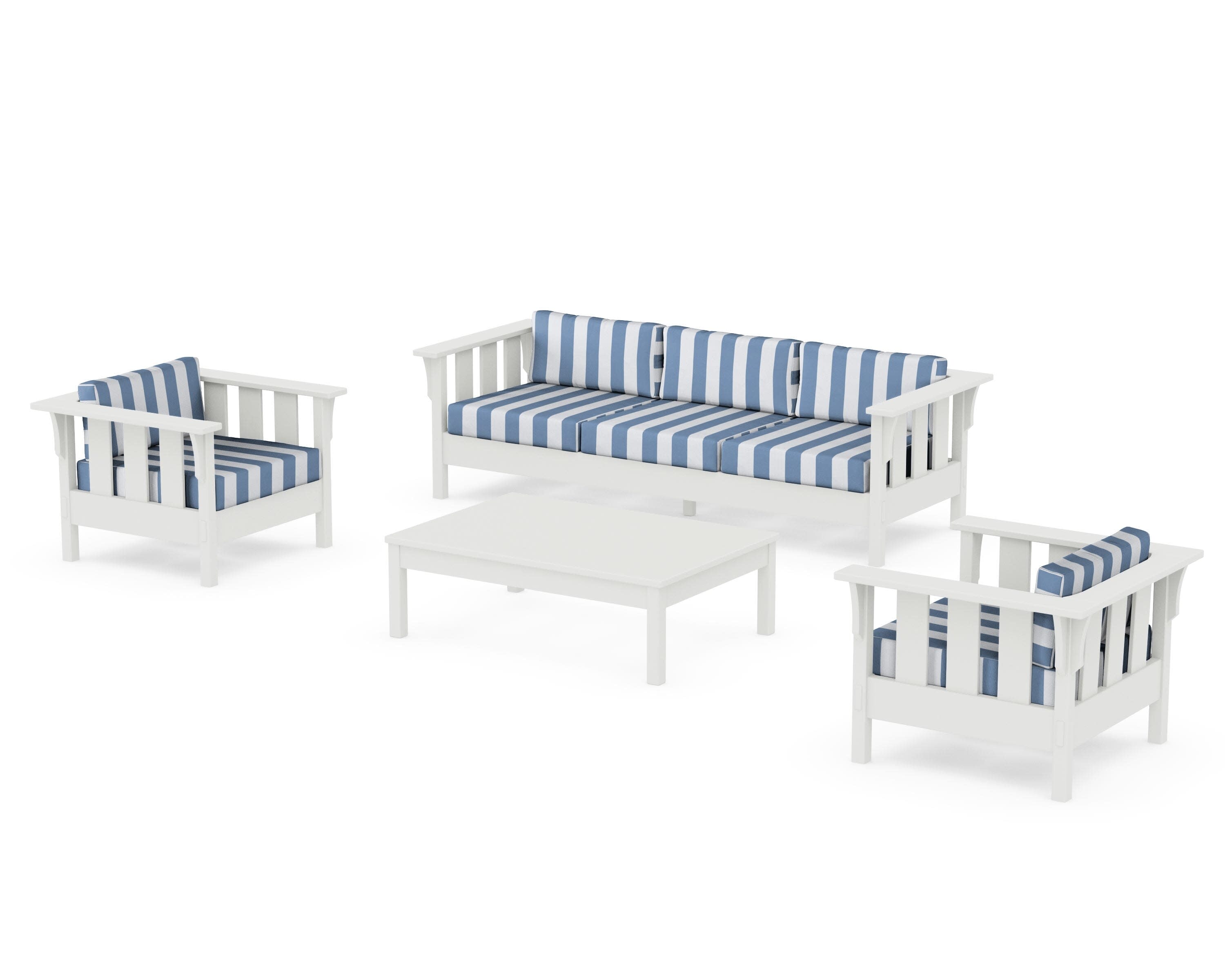 Acadia 4-Piece Deep Seating Set with Sofa in Vintage White / Cabana Stripe Sky Blue