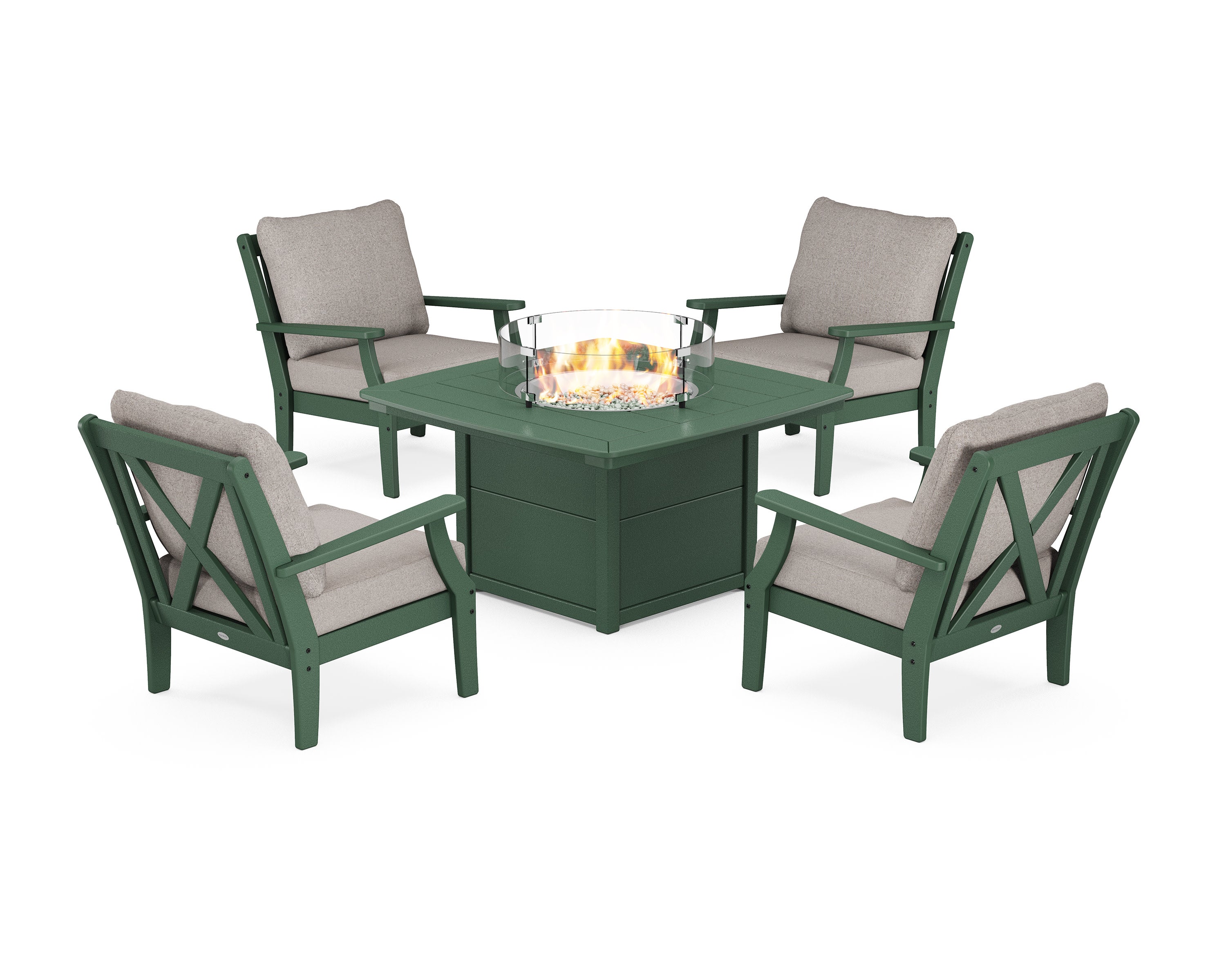 Braxton 5-Piece Deep Seating Conversation Set with Fire Pit Table in Green / Weathered Tweed