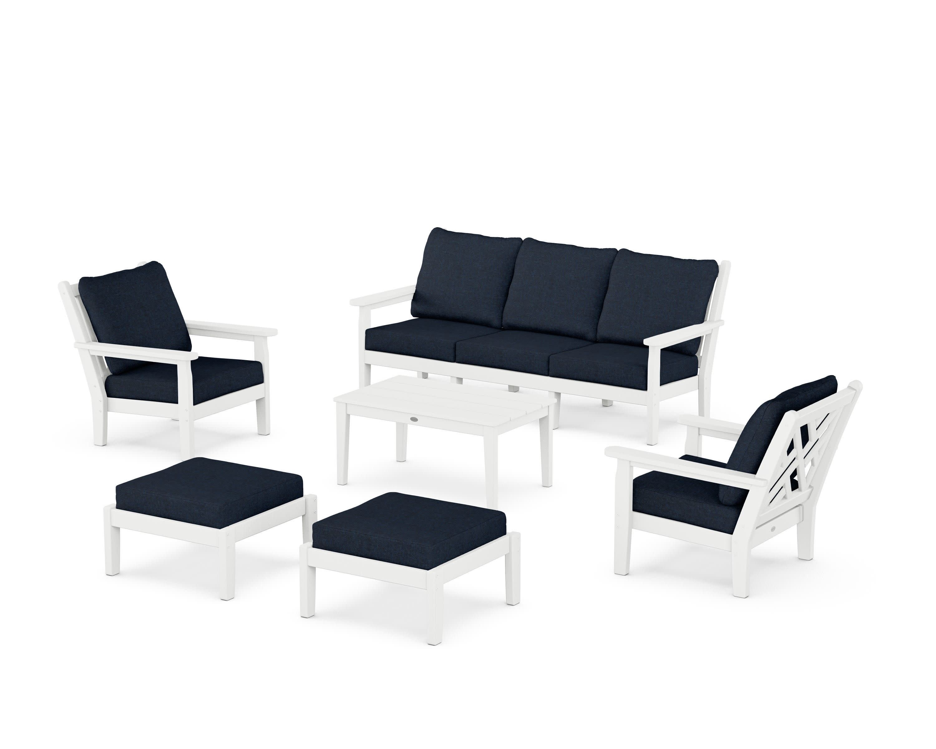 Chippendale 6-Piece Lounge Sofa Set in White / Marine Indigo