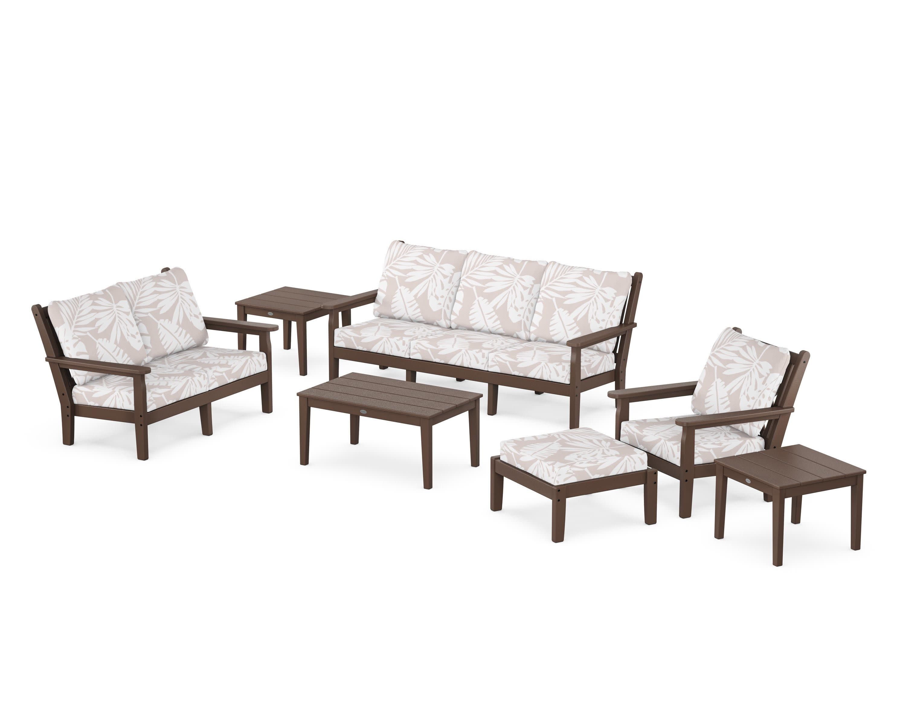 Chippendale 7-Piece Deep Seating Set in Mahogany / Leaf Dune Burlap