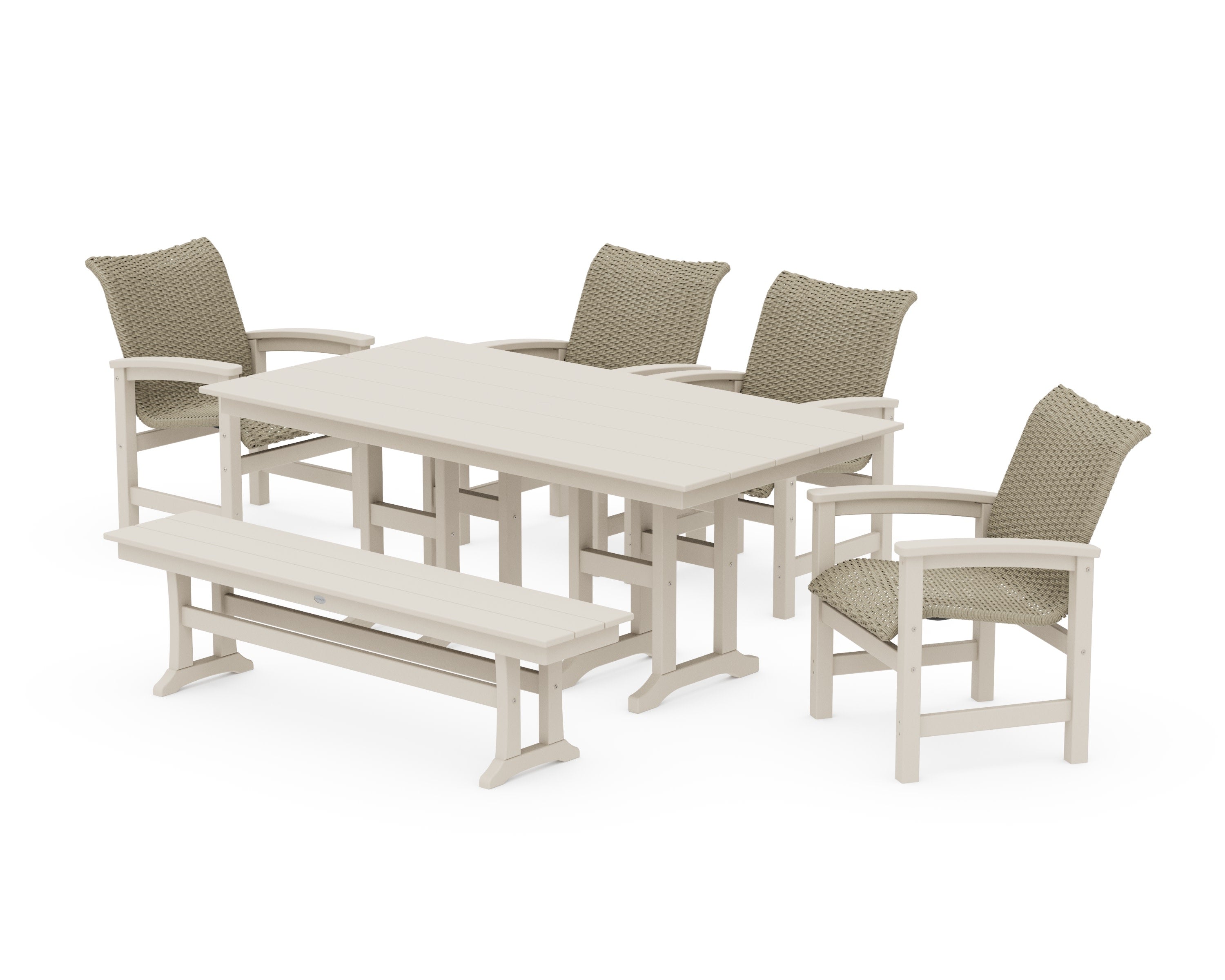 Coastal Woven 6-Piece Farmhouse Dining Set with Bench in Sand / Dune Grass