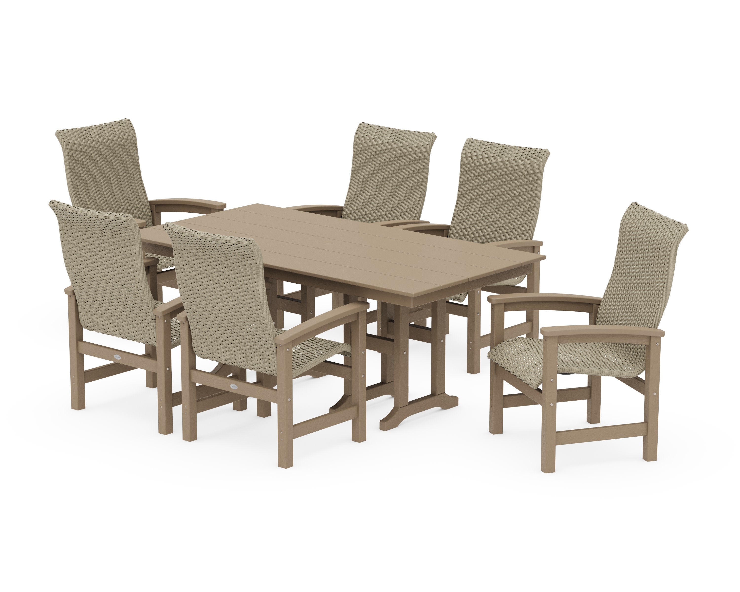 Coastal Woven High-Back Arm Chair 7-Piece Farmhouse Dining Set in Vintage Sahara / Dune Grass