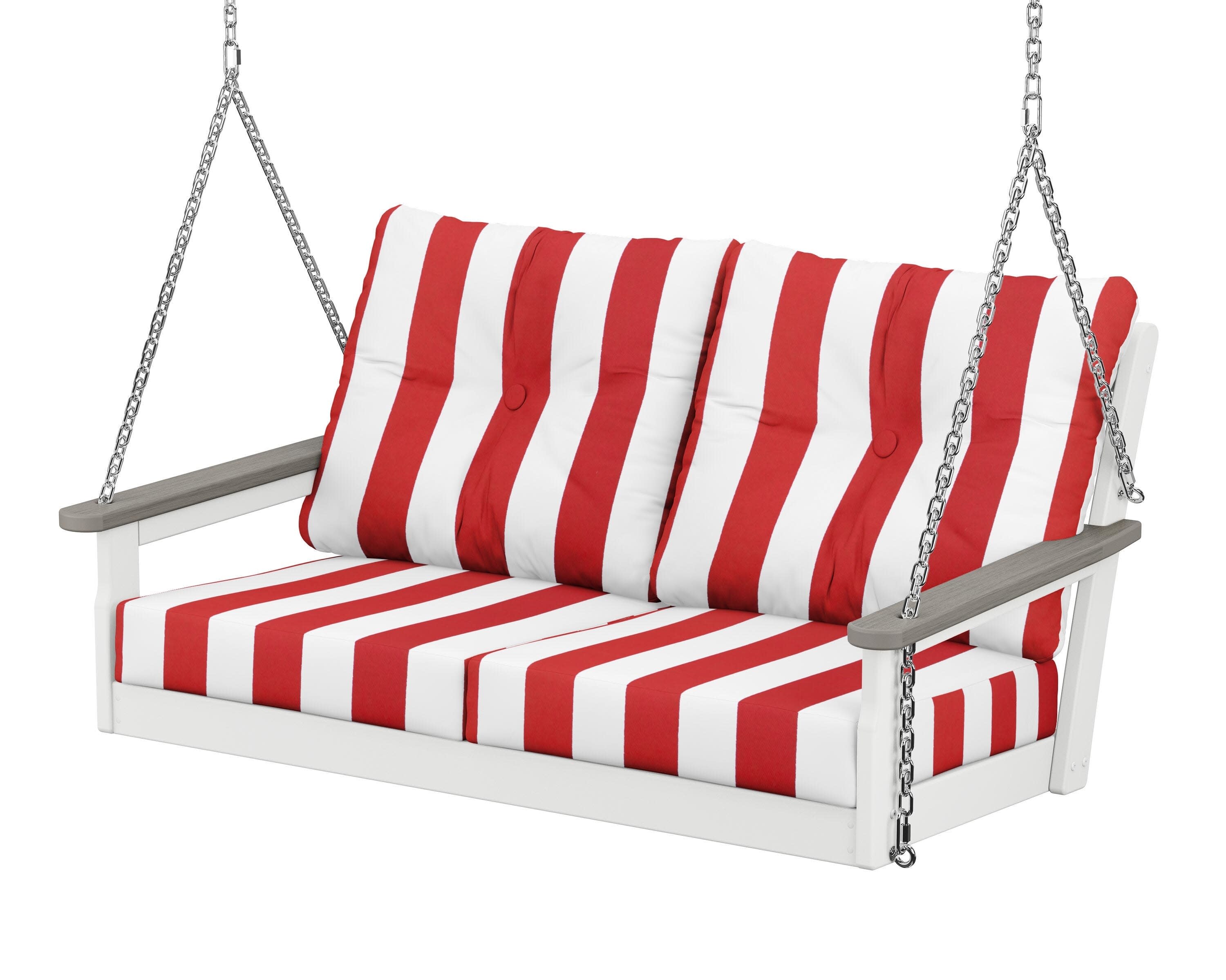 Vineyard Deep Seating Swing in White / Driftwood / Cabana Stripe Crimson
