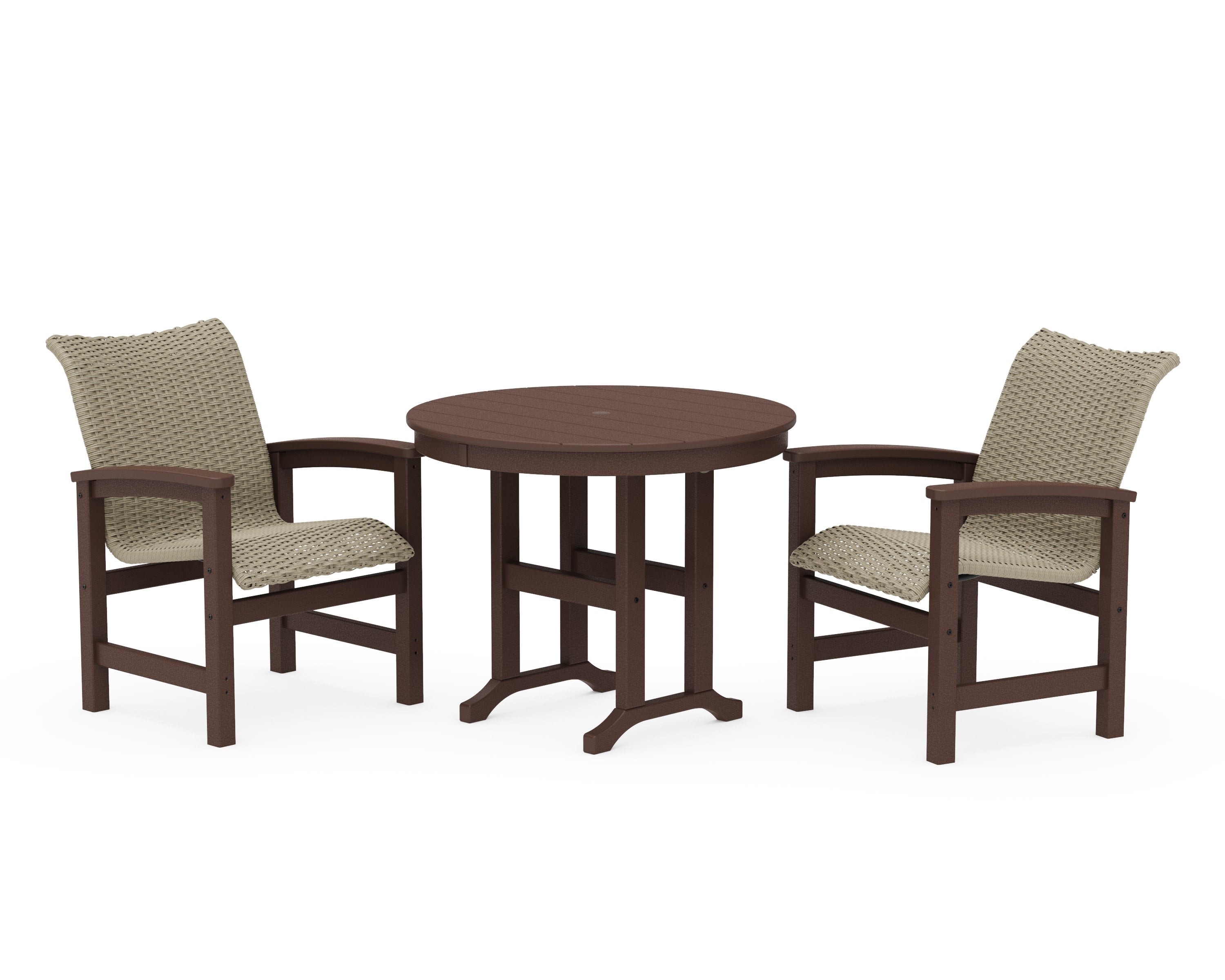 Coastal Woven 3-Piece Farmhouse Dining Set in Mahogany / Dune Grass