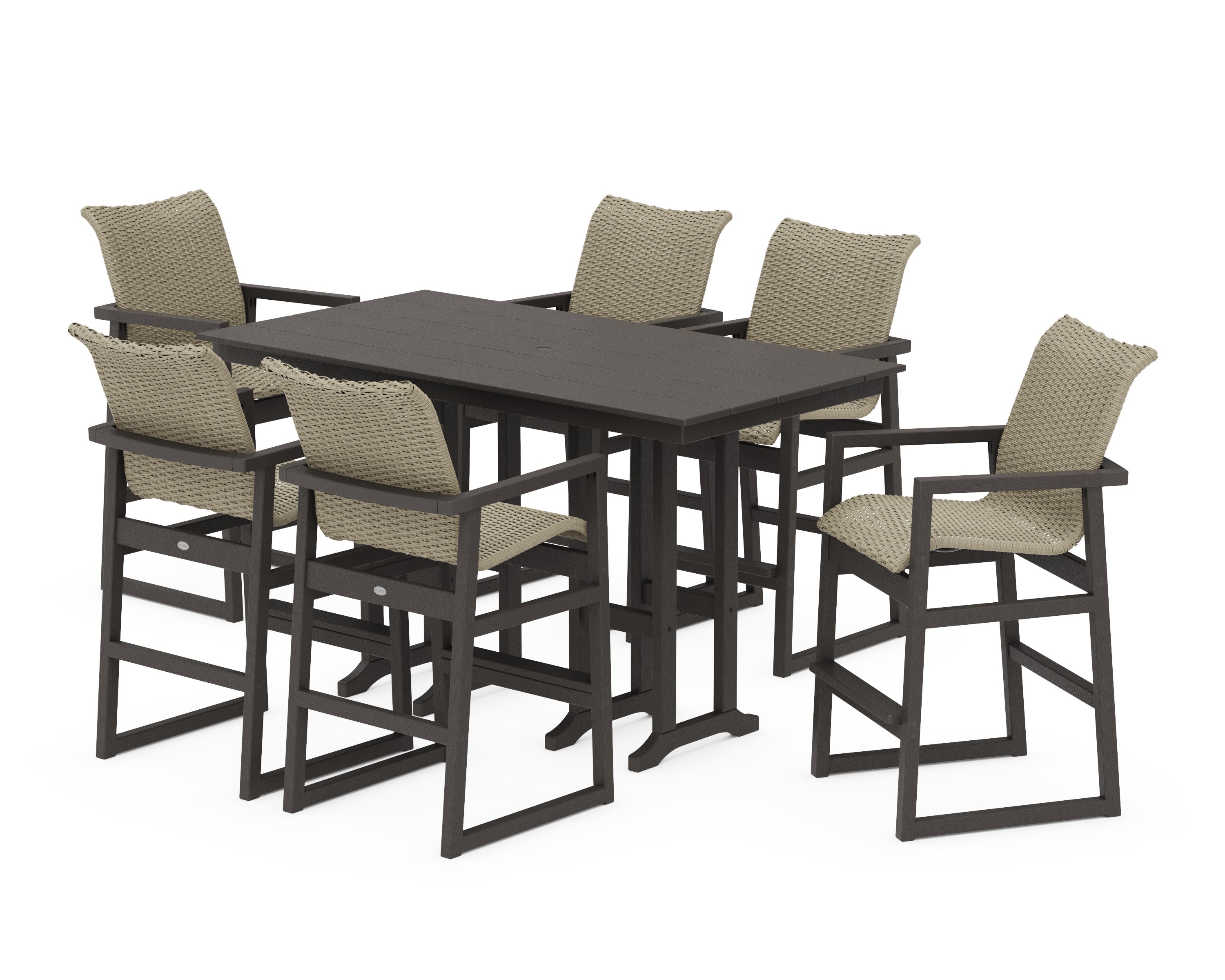 EDGE Woven Arm Chair 7-Piece Farmhouse Bar Set in Vintage Coffee / Dune Grass