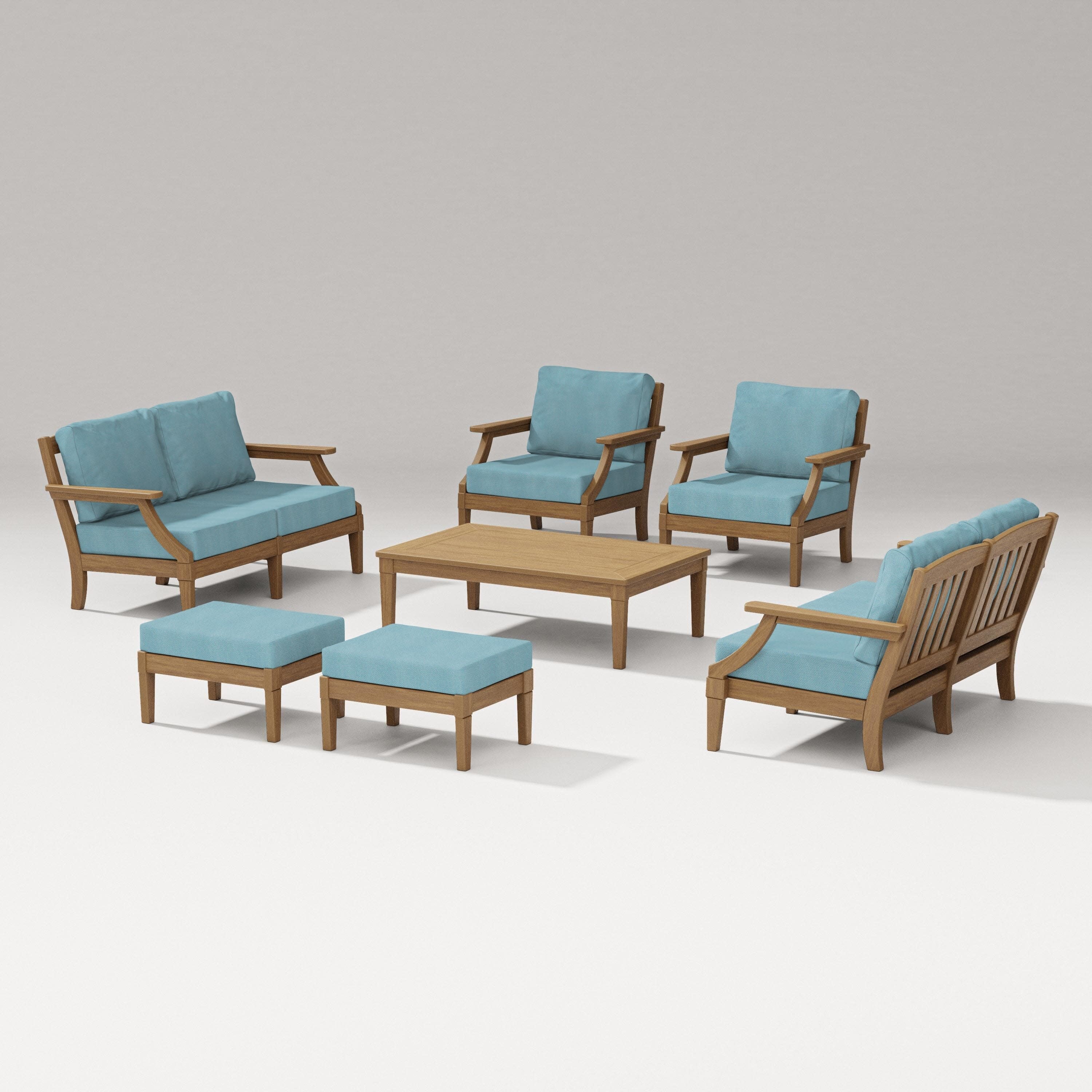 Estate 7-Piece Lounge Loveseat Set in Natural / Lattice Sky Blue