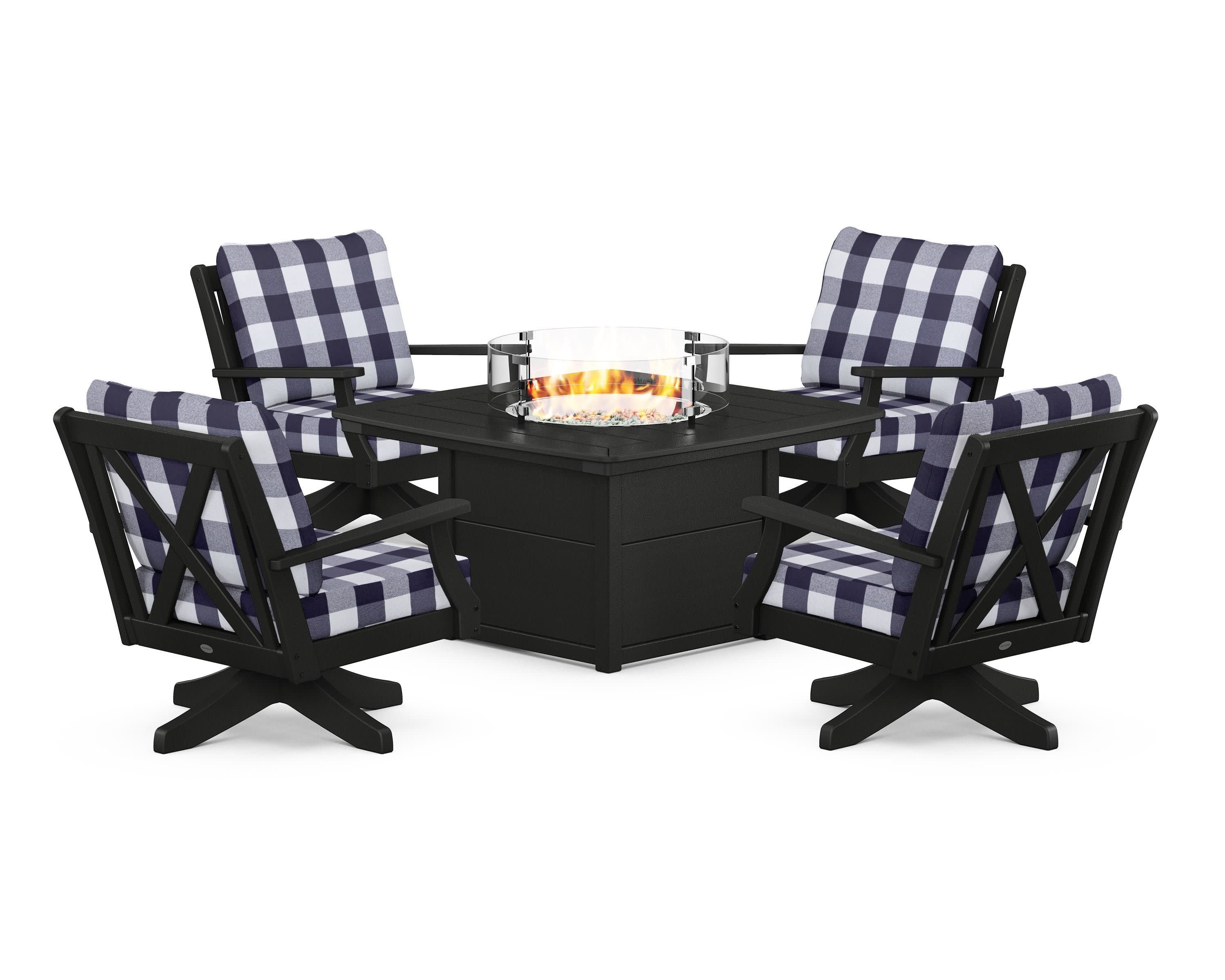 Braxton 5-Piece Deep Seating Swivel Conversation Set with Fire Pit Table in Black / Buffalo Plaid Navy