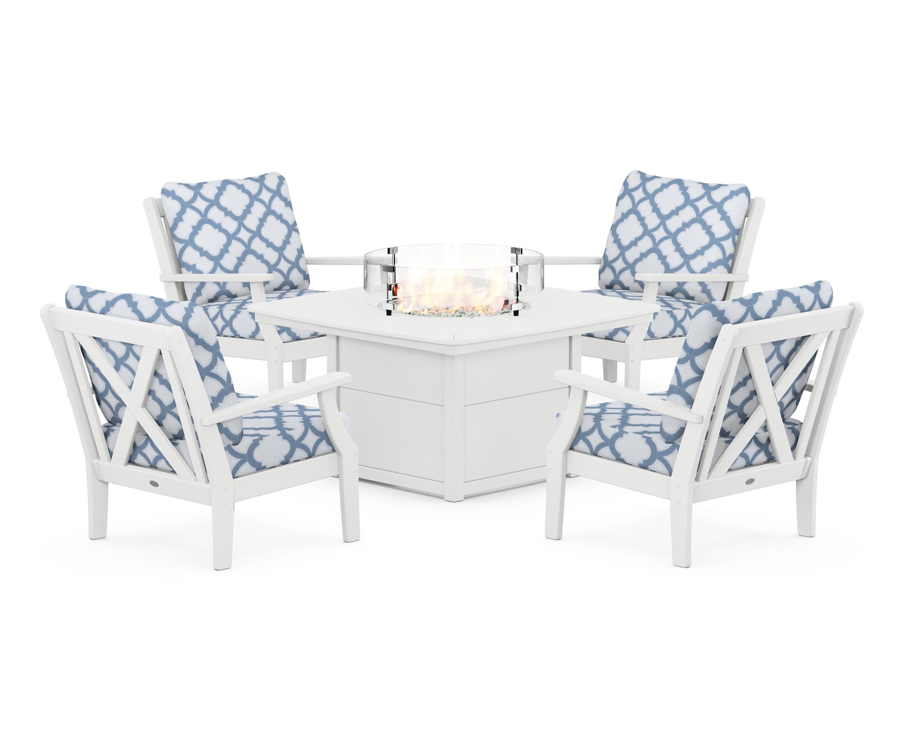 Braxton 5-Piece Deep Seating Conversation Set with Fire Pit Table in White / Trellis Sky Blue